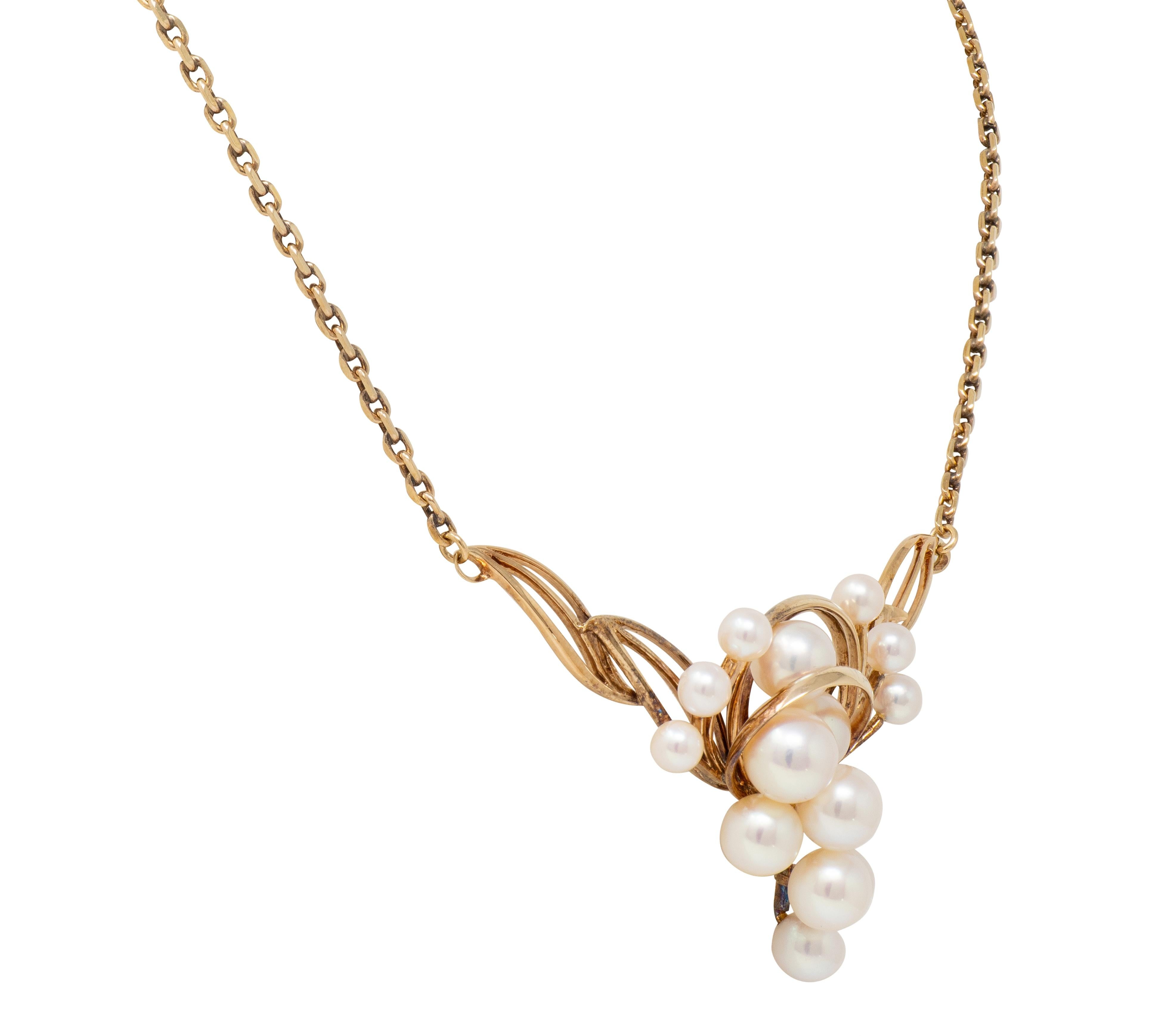 Mikimoto 1940's Retro Pearl 14K Yellow Gold Vintage Scrolling Station Necklace