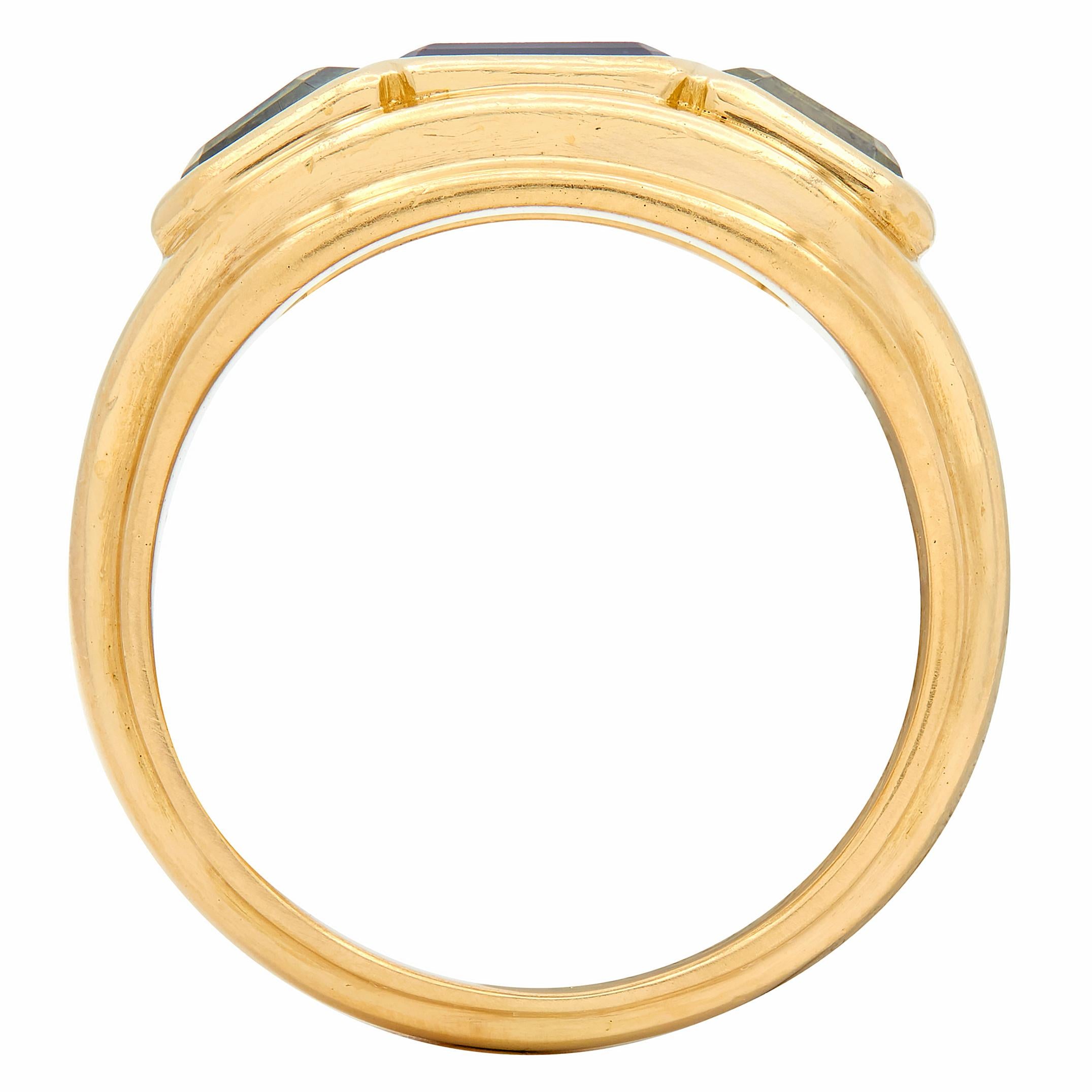 Bulgari 1990's Iolite Aquamarine 18 Karat Yellow Gold Vintage Three Stone Ring