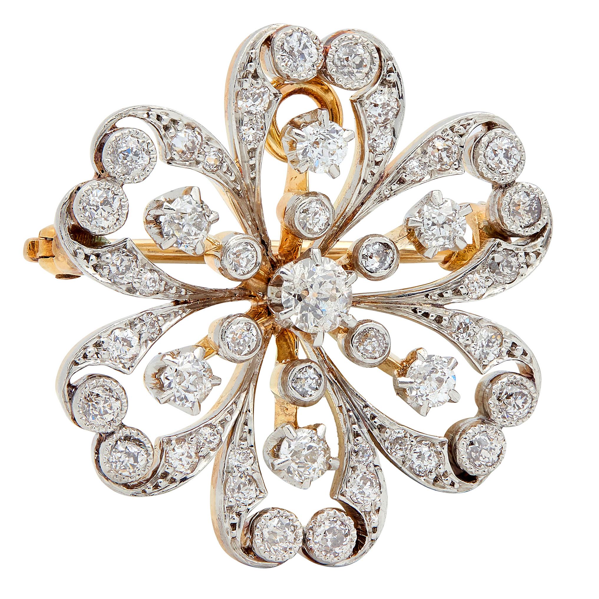Shreve & Co. Edwardian Diamond 18K Gold Platinum Antique Flower Pendant Brooch
