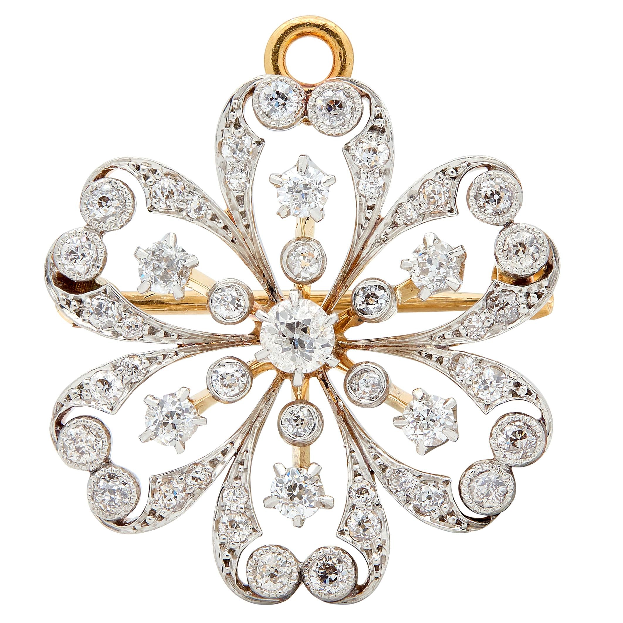 Shreve & Co. Edwardian Diamond 18K Gold Platinum Antique Flower Pendant Brooch