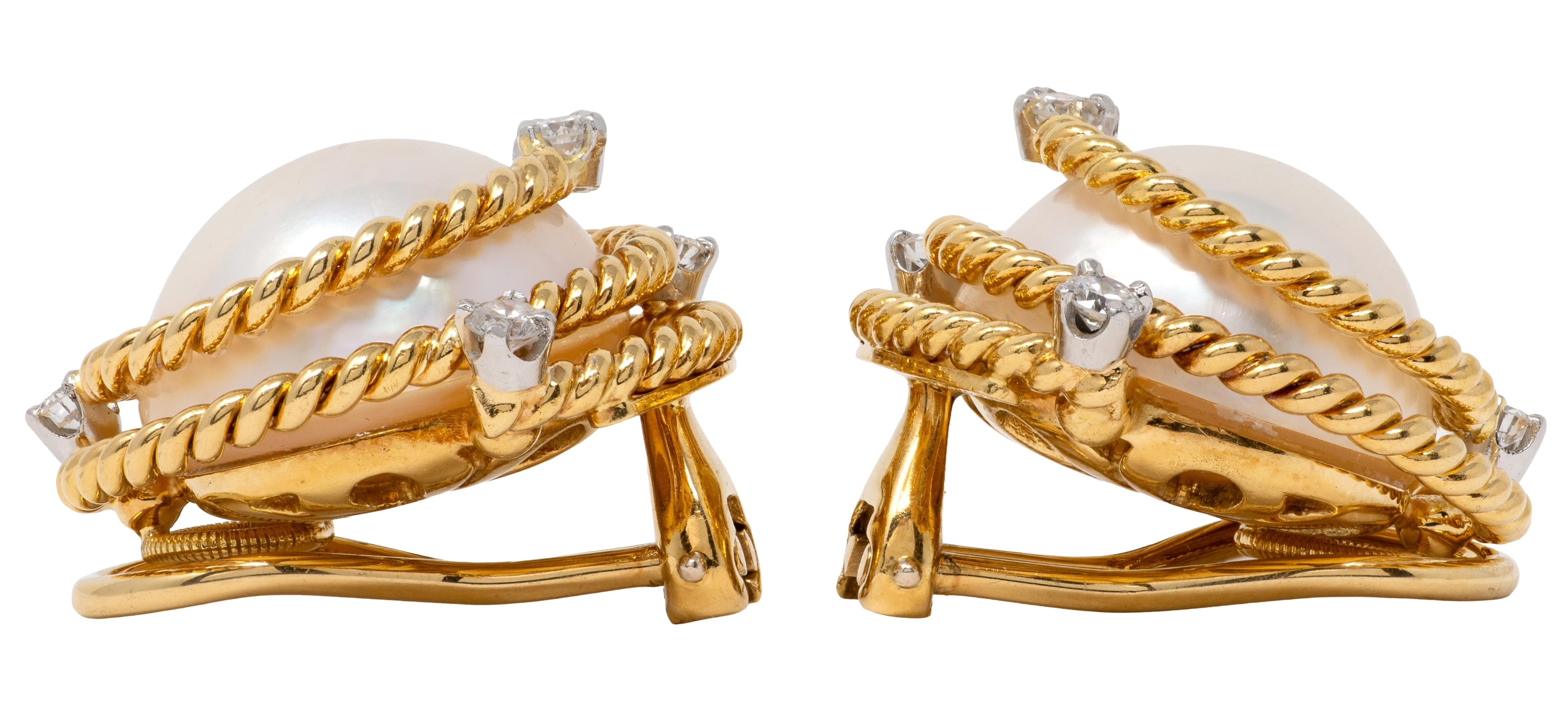 Tiffany & Co. Schlumberger Pearl Diamond 18K Gold Platinum Vintage Swirl Earring