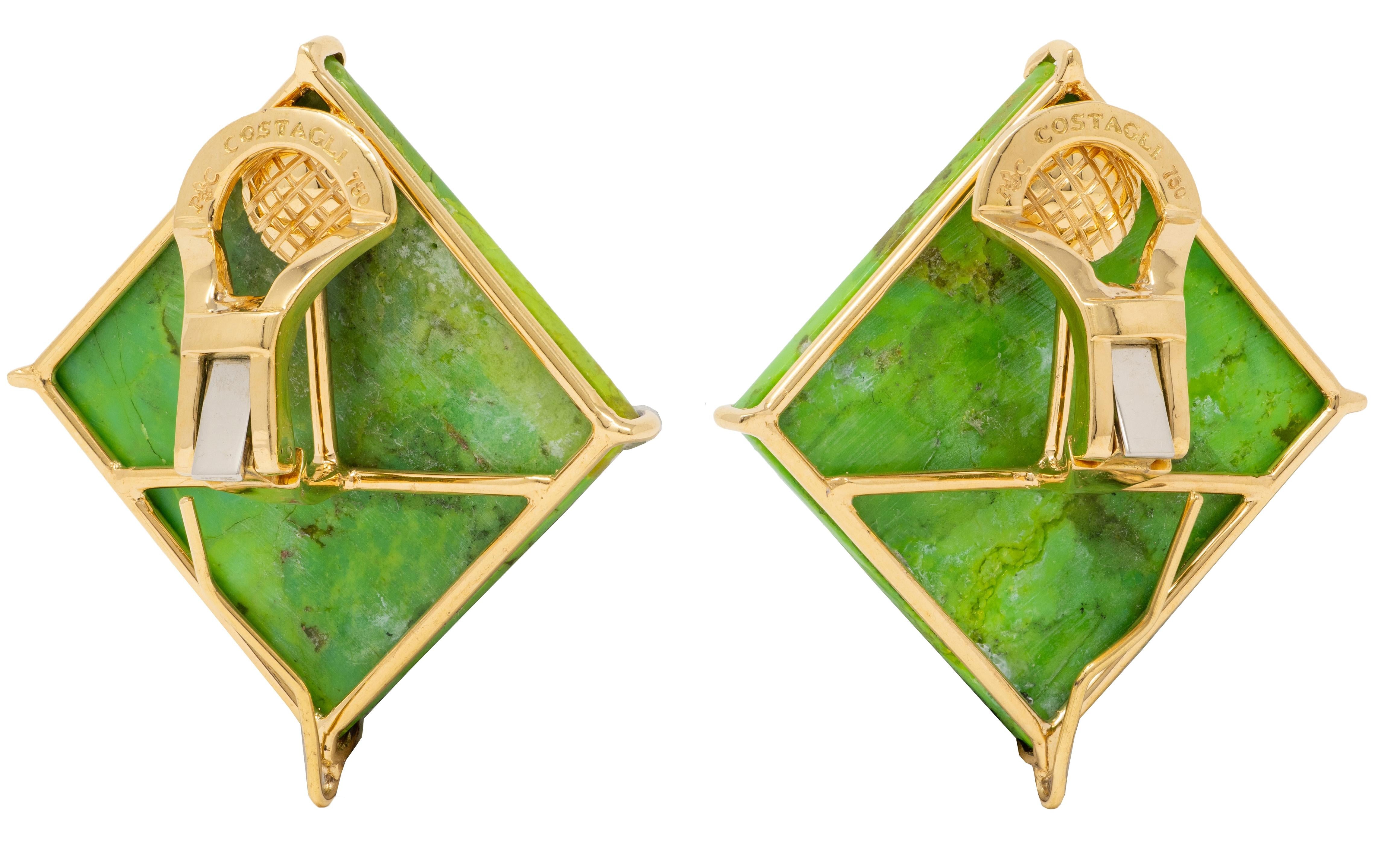 Paolo Costagli 2010's Turquoise 18K Gold Brilliante Cube Ear-Clip Earrings