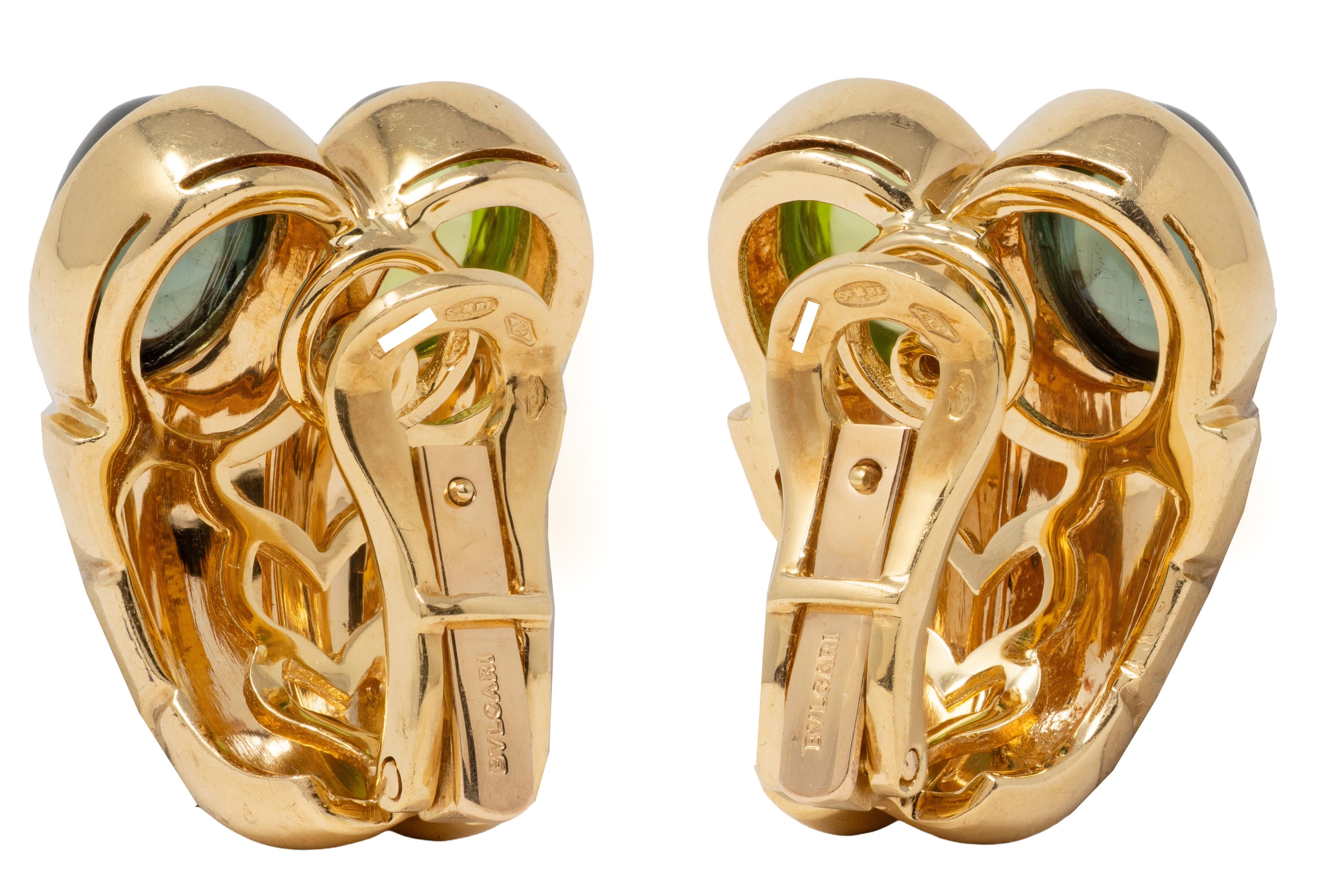 Bulgari 1980's Peridot Tourmaline 18K Gold Vintage Doppio Ear-Clip Earrings