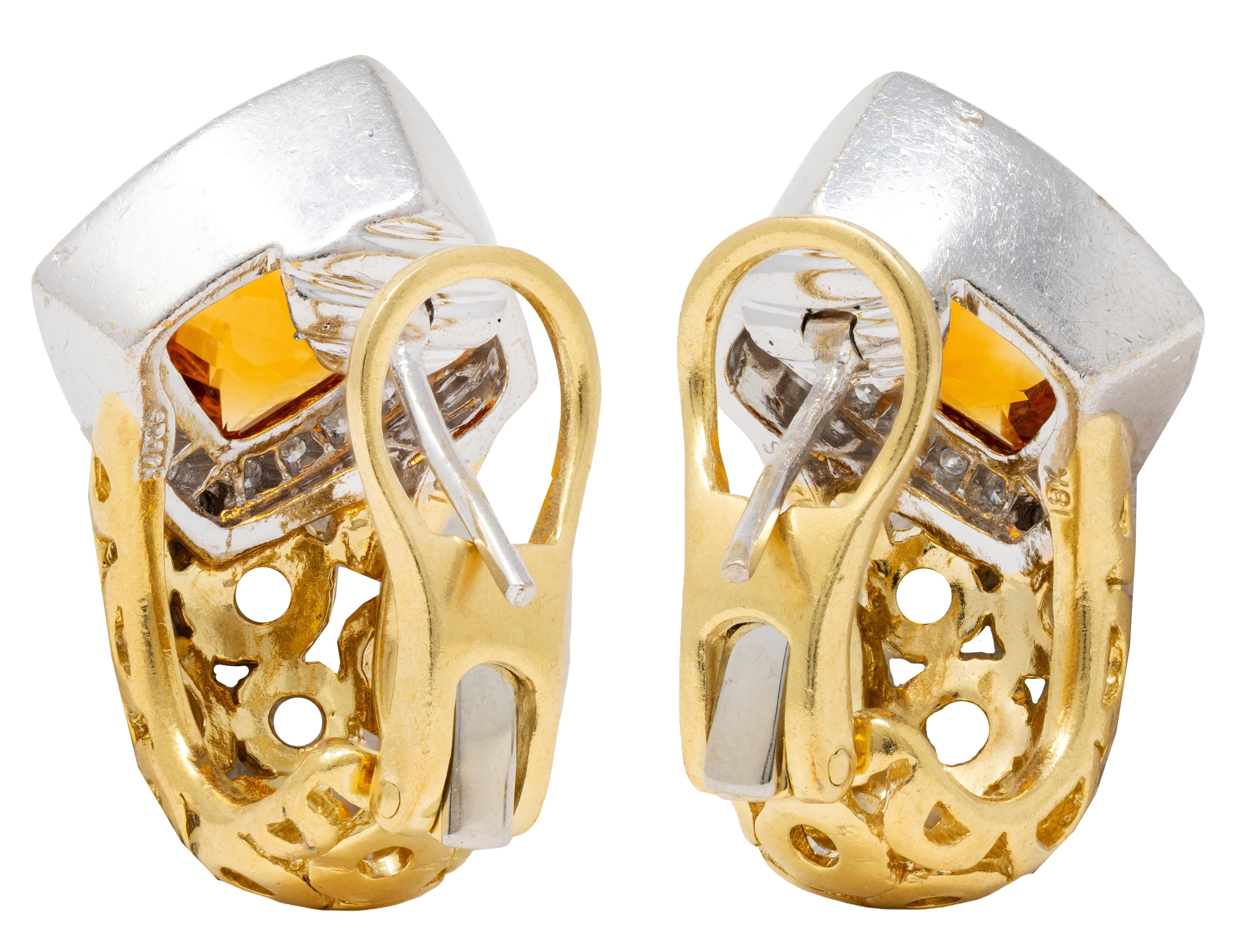 Spark 1990's Citrine Diamond 18 Karat Gold Vintage Geometric J-Hoop Earrings
