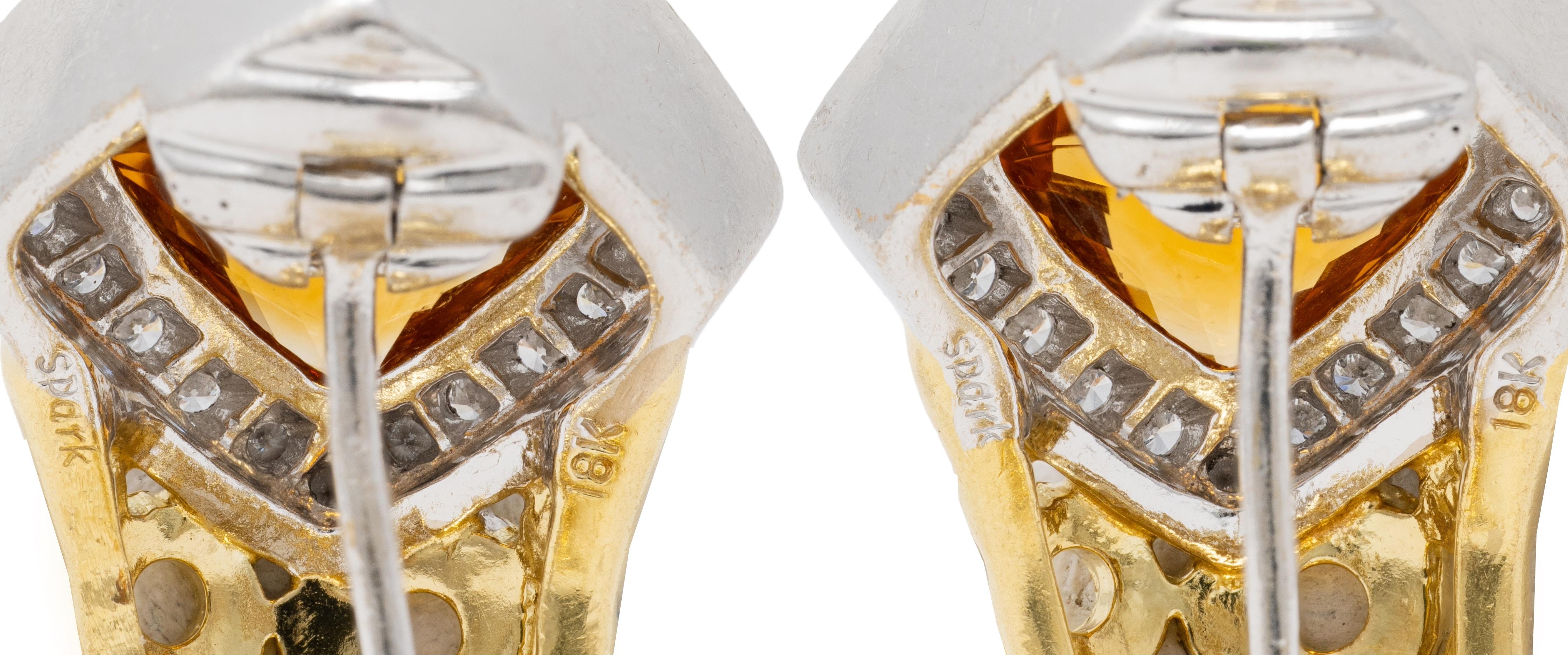 Spark 1990's Citrine Diamond 18 Karat Gold Vintage Geometric J-Hoop Earrings