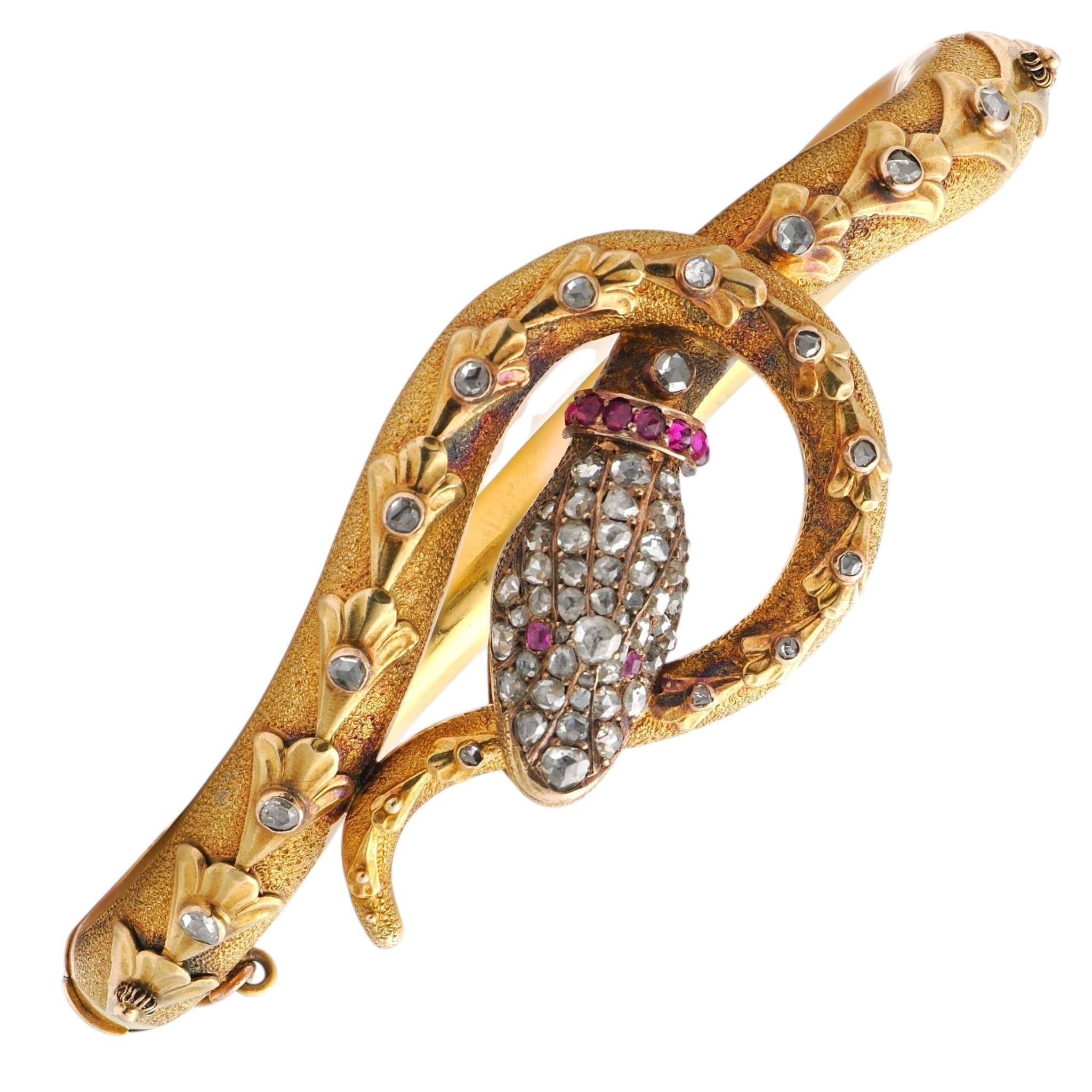 Victorian 2.53 CTW Diamond Ruby 14K Yellow Gold Antique Snake Bangle Bracelet