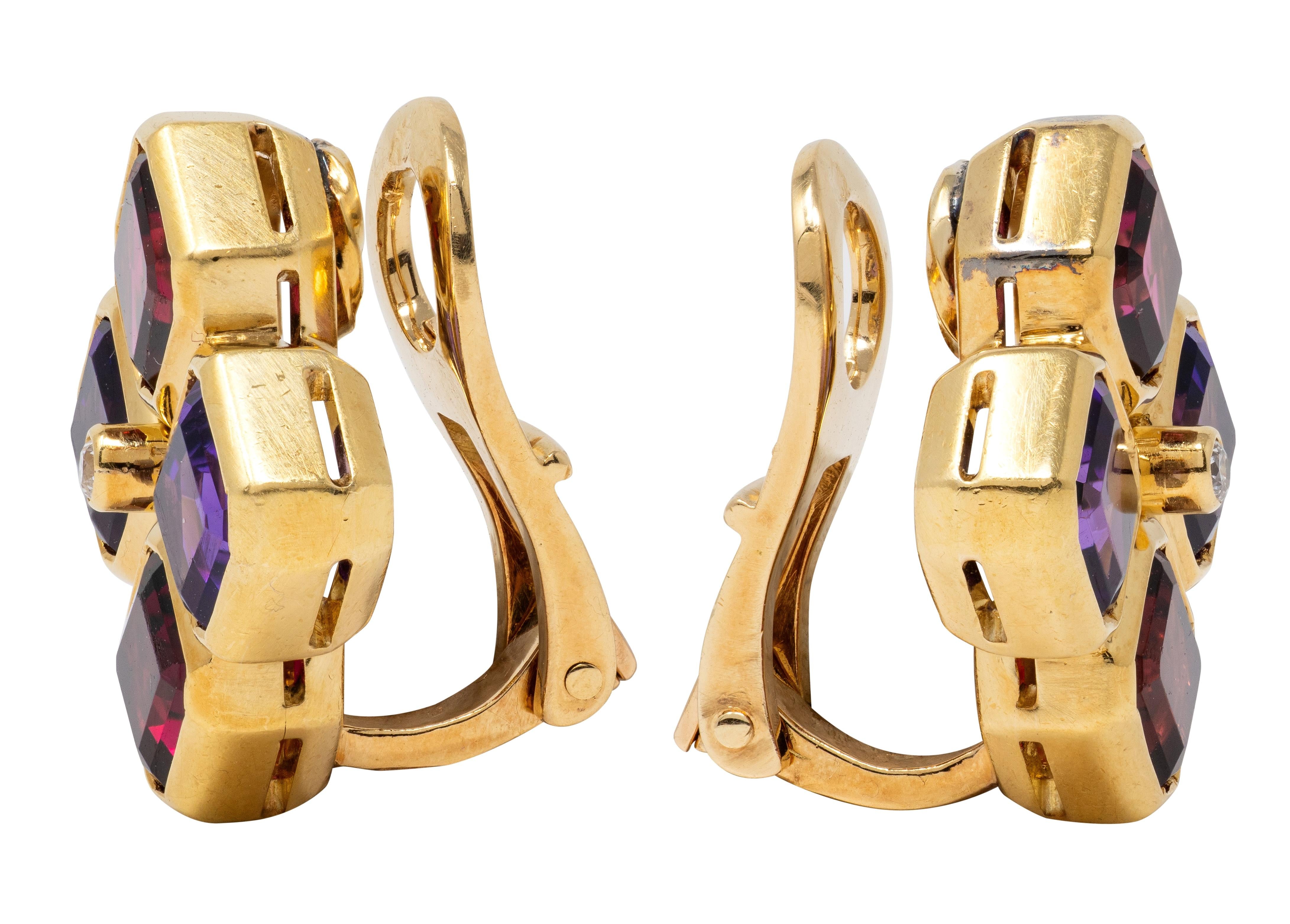 Bulgari French 1980's Multi-Gem Diamond 18K Gold Vintage Ear-Clip Earrings
