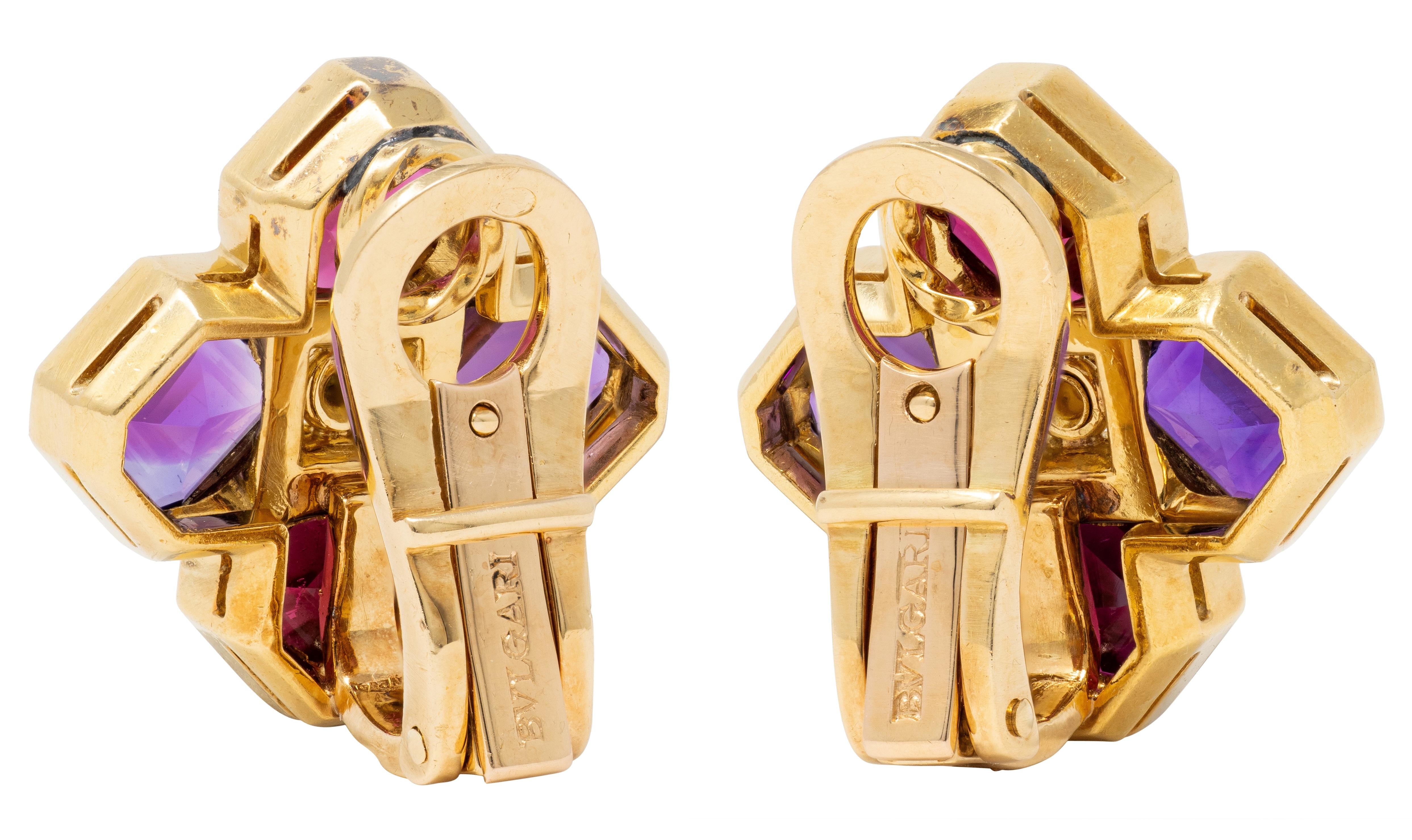 Bulgari French 1980's Multi-Gem Diamond 18K Gold Vintage Ear-Clip Earrings