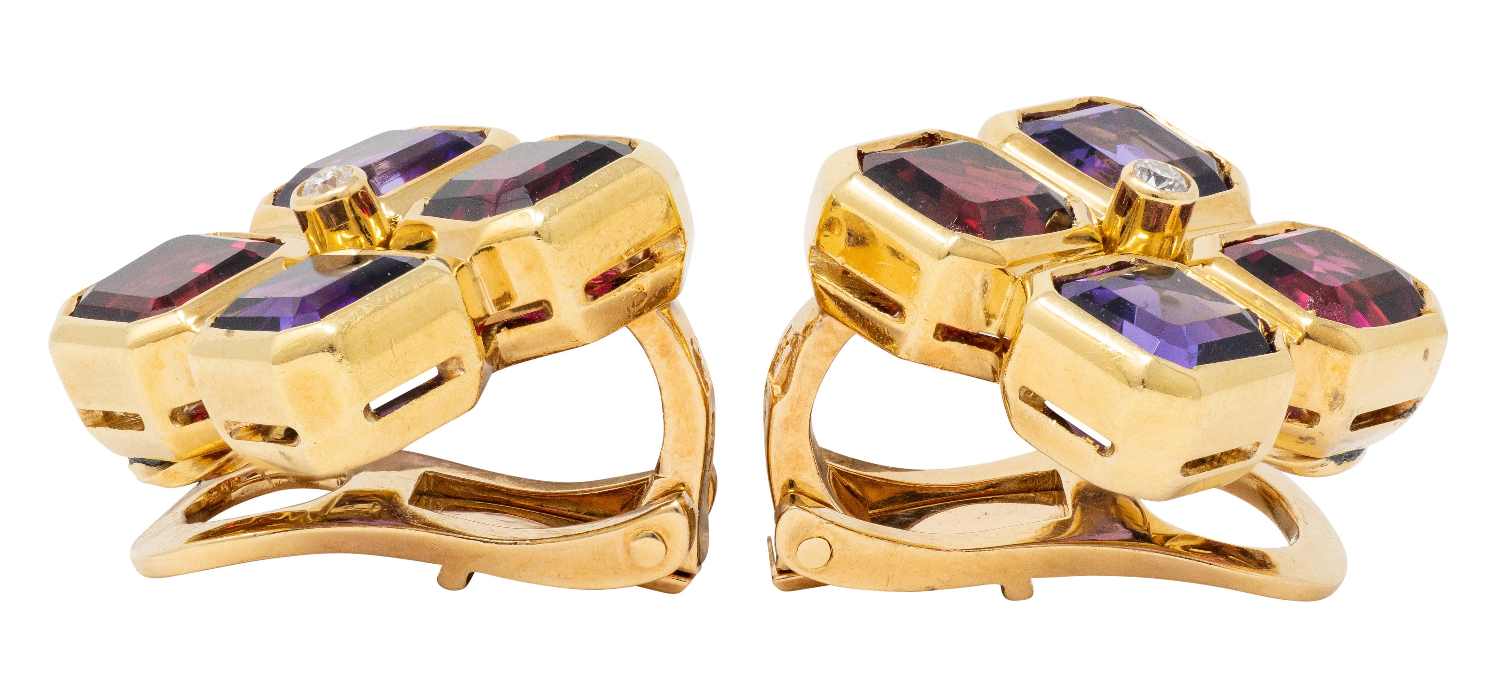 Bulgari French 1980's Multi-Gem Diamond 18K Gold Vintage Ear-Clip Earrings