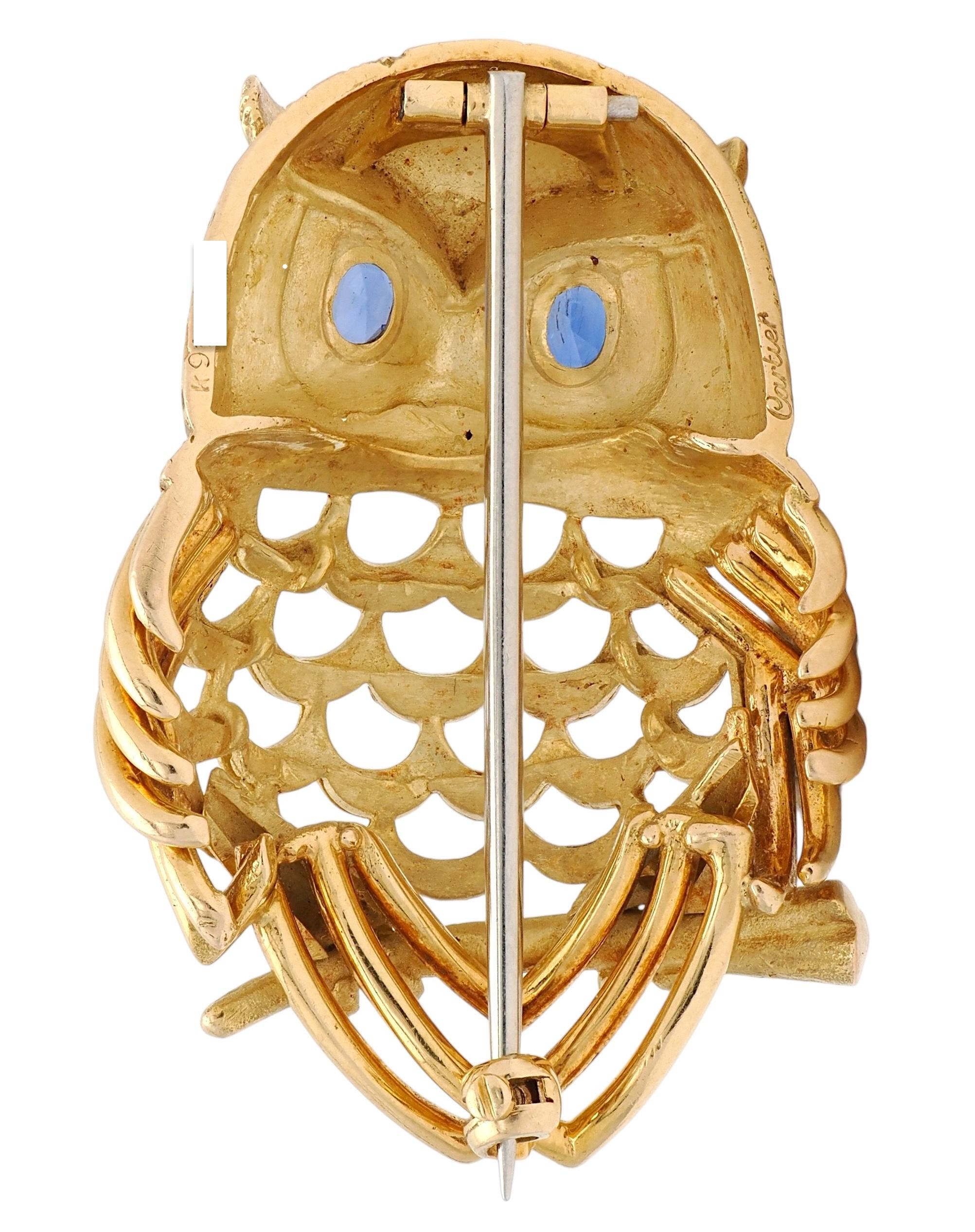 Cartier 1958 Sapphire 18 Karat Yellow Gold Vintage Owl Brooch