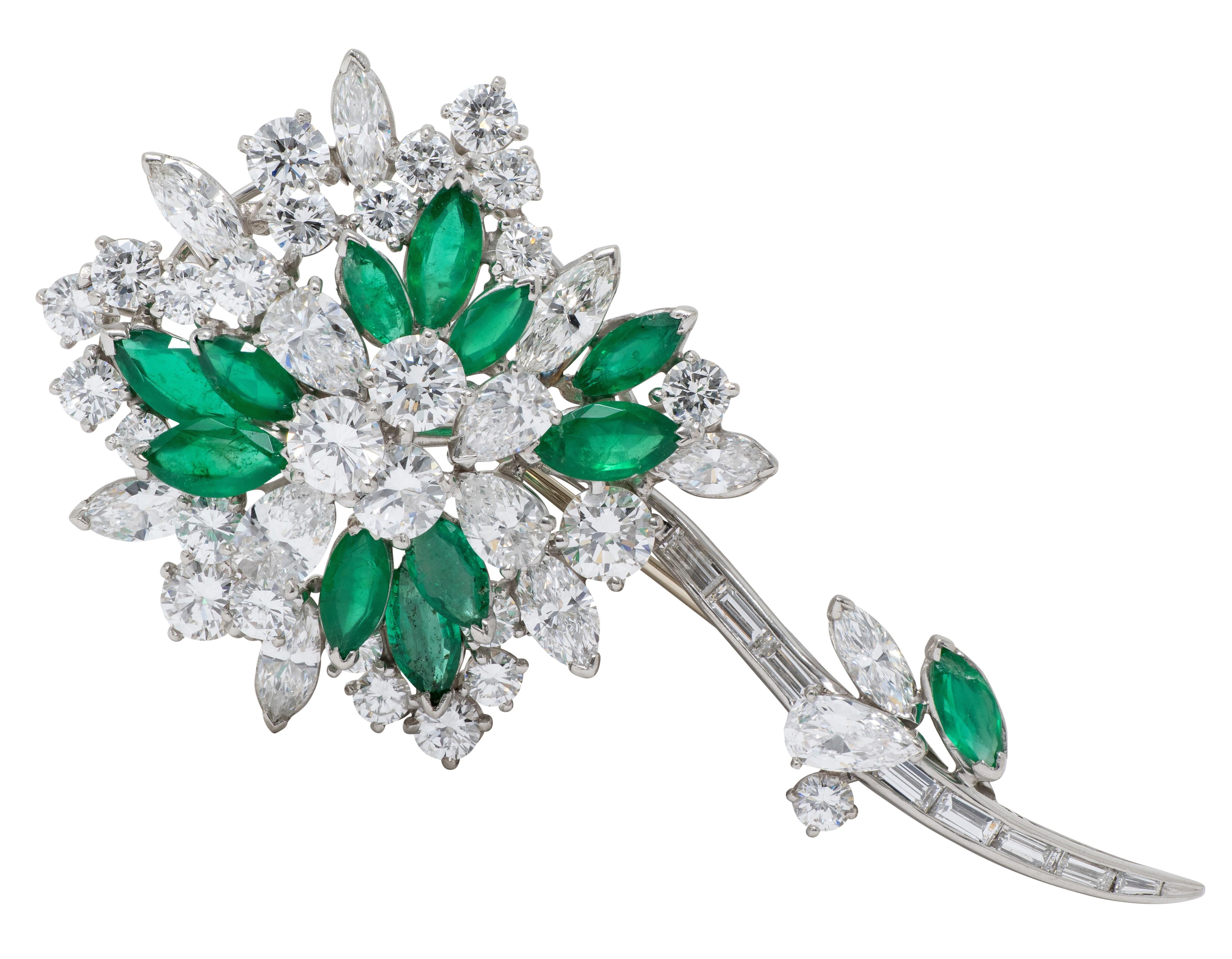Oscar Heyman 1950's 13.70 CTW Diamond Emerald Platinum Vintage Flower Brooch