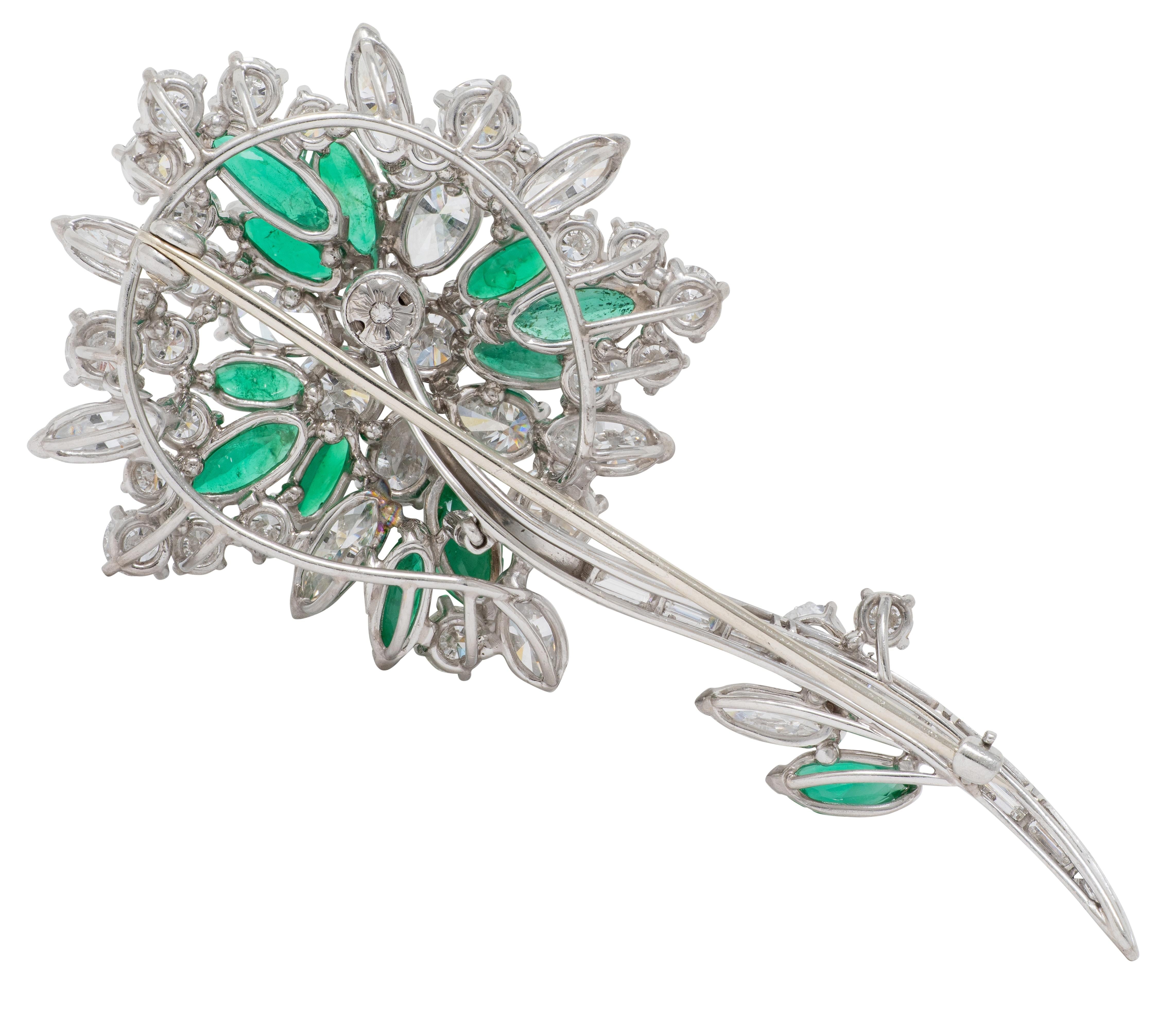 Oscar Heyman 1950's 13.70 CTW Diamond Emerald Platinum Vintage Flower Brooch