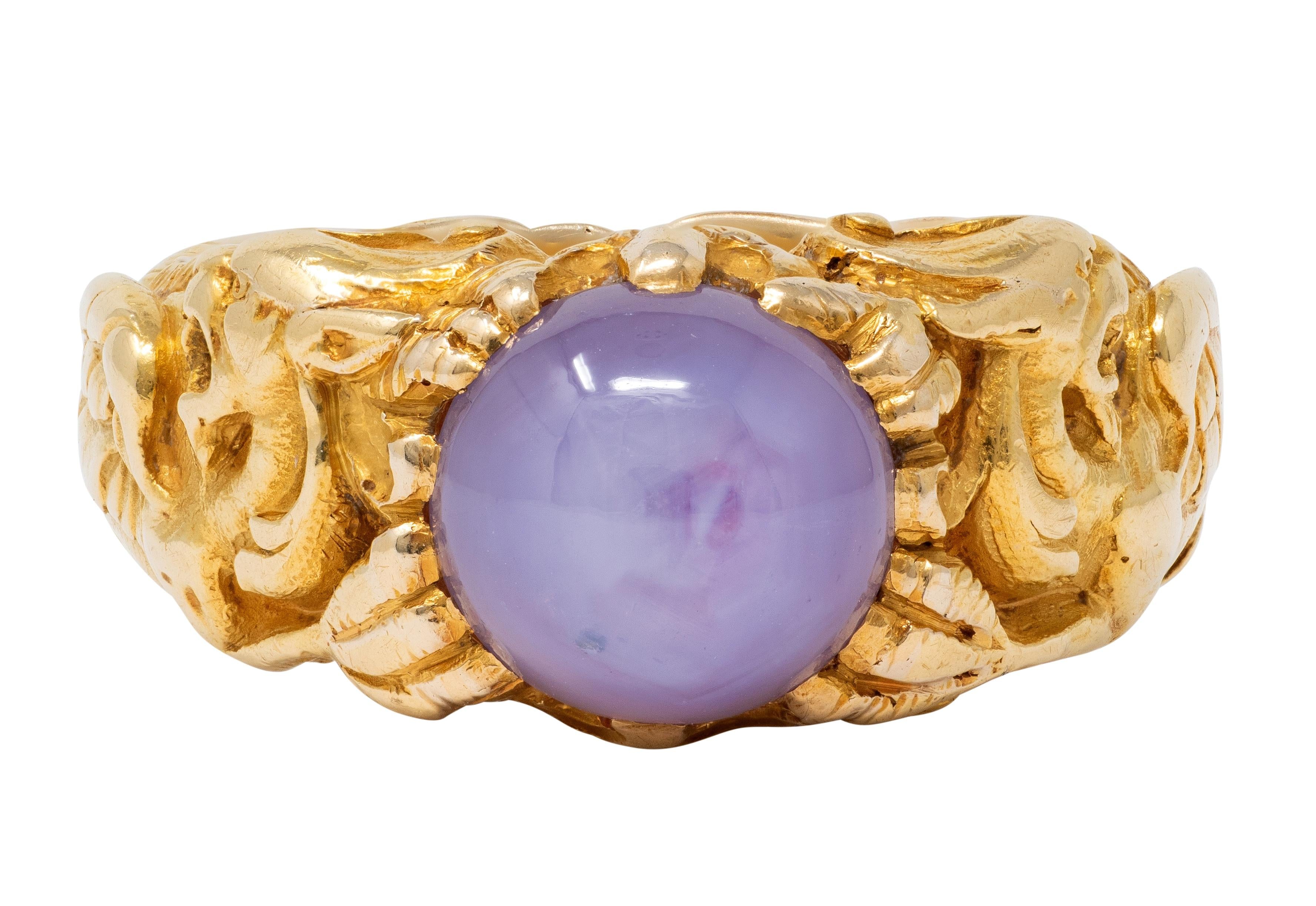 Art Nouveau 1911 Star Sapphire 18 Karat Yellow Gold Antique Unisex Griffon Ring