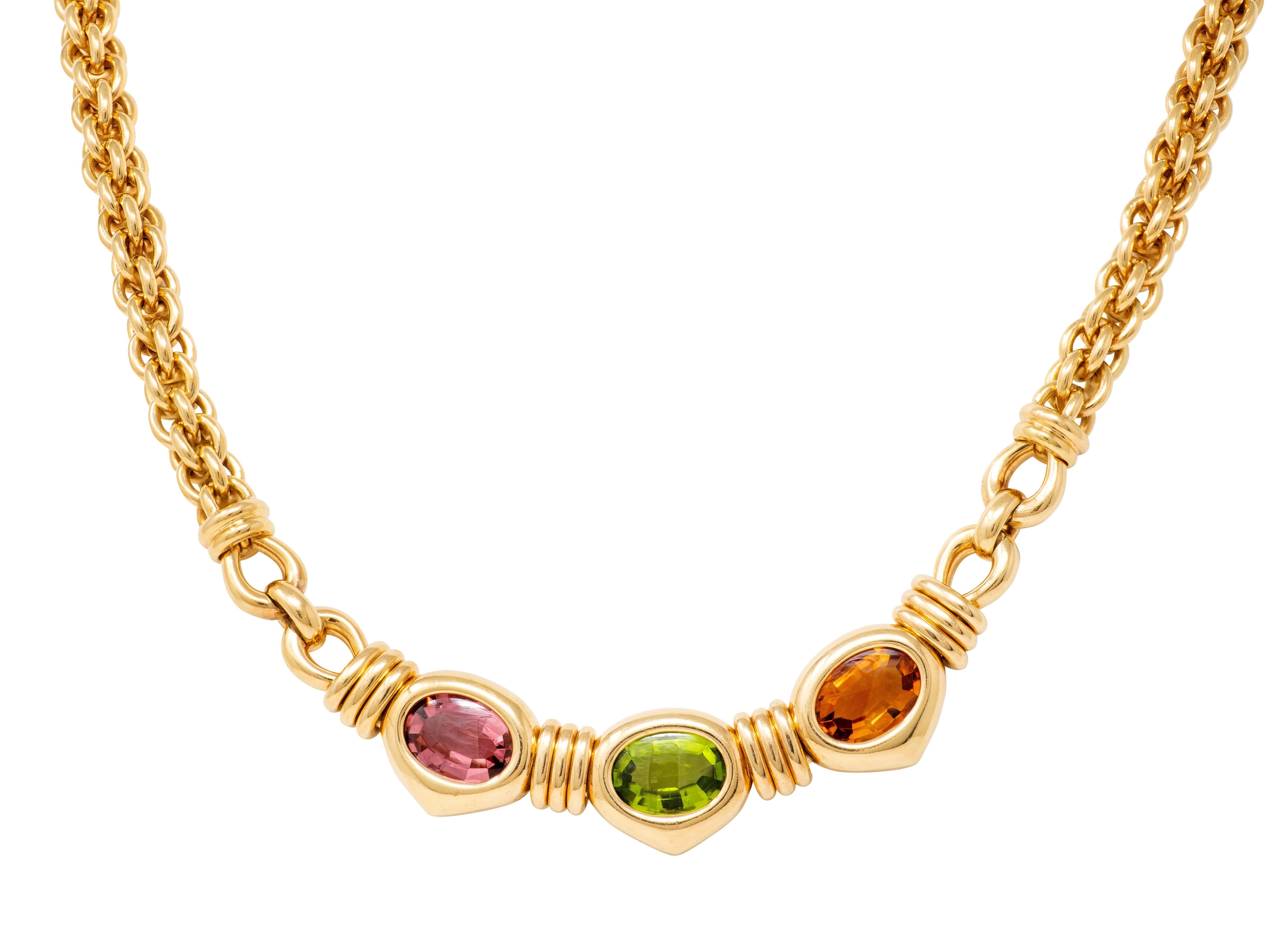 Bulgari 1980's Multi-Gem 18K YG 18K Gold Vintage Three Stone Station Necklace