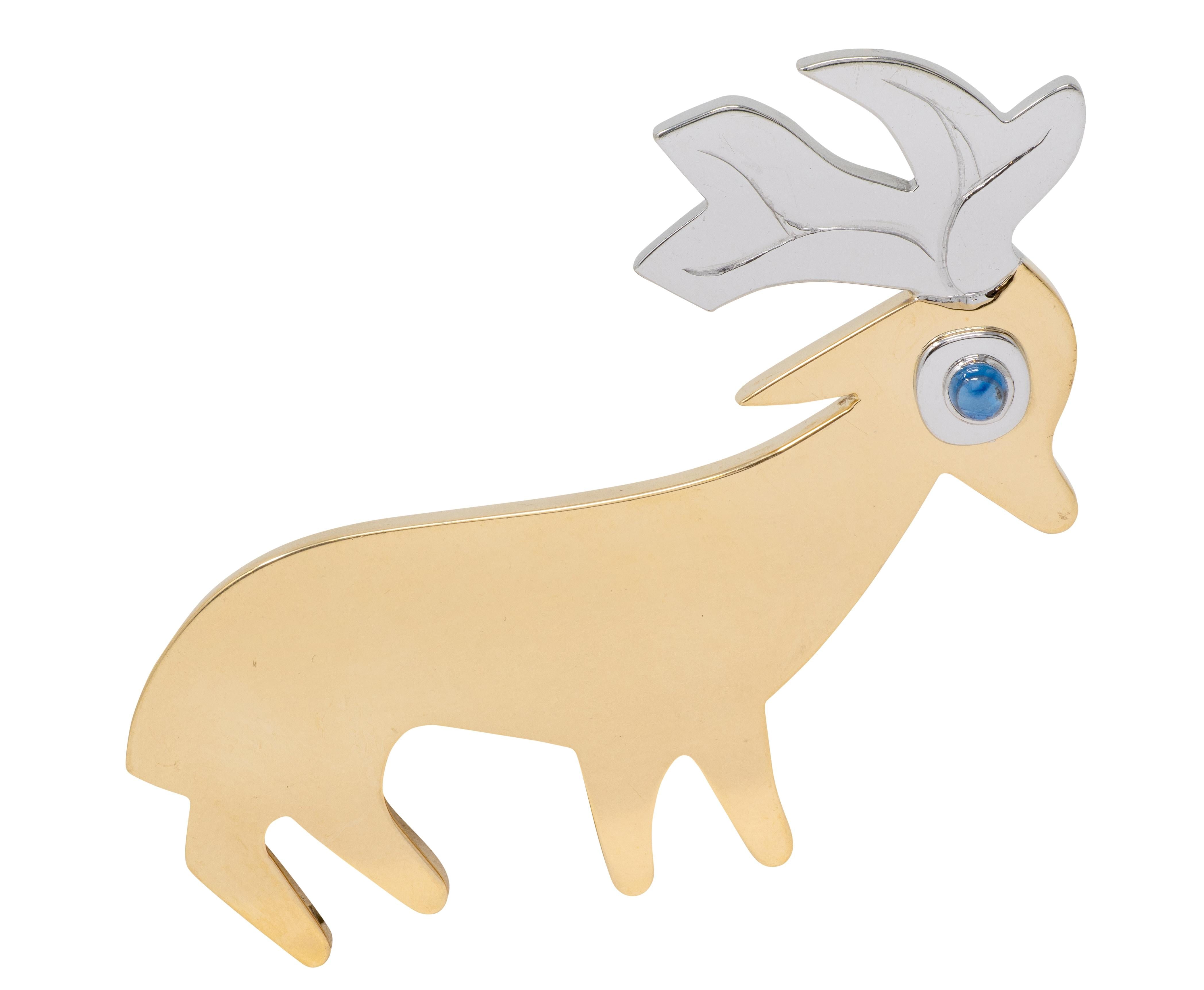 Bertel Gardberg Modernist 1960's Sapphire 18 Karat Gold Vintage Deer Brooch