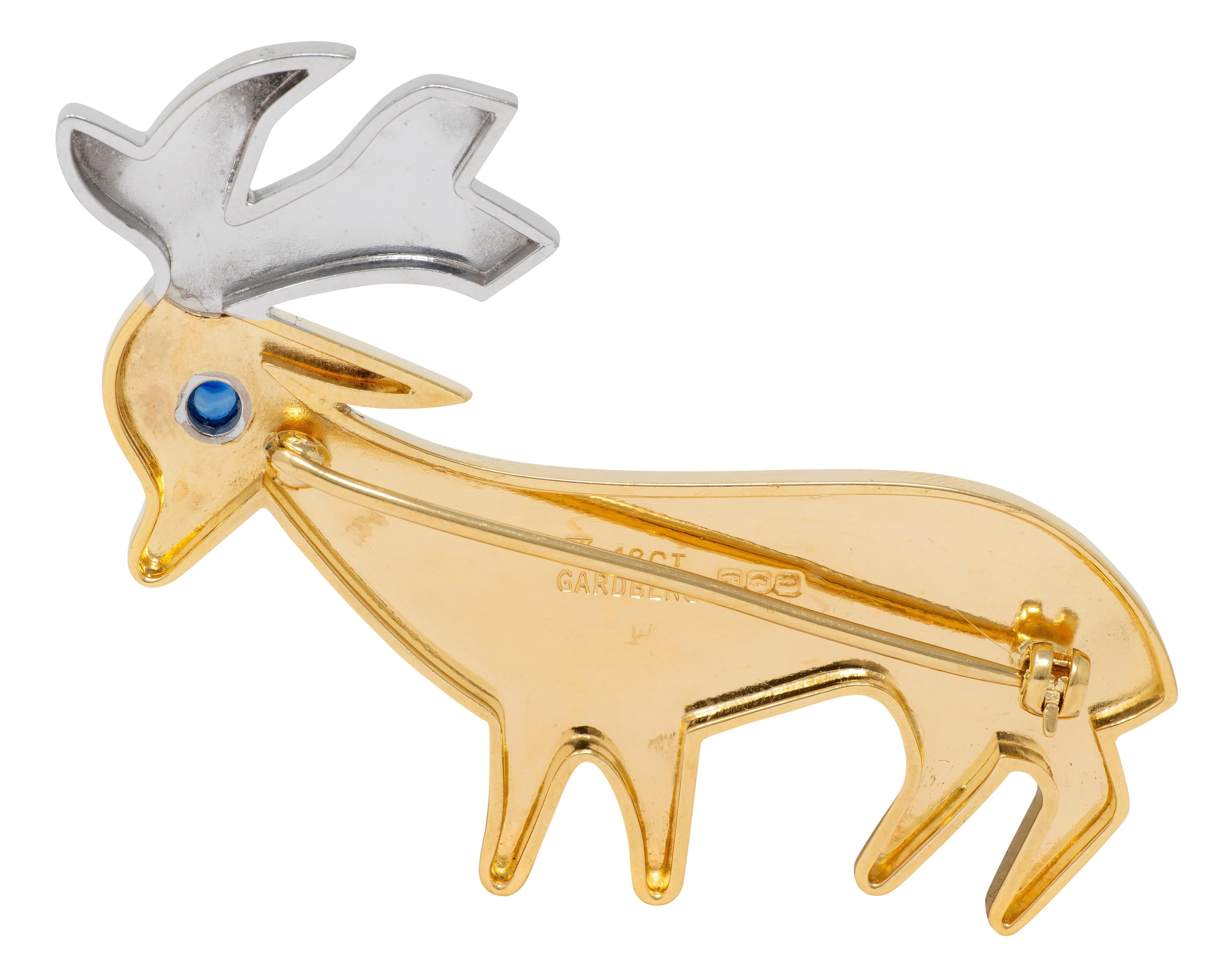 Bertel Gardberg Modernist 1960's Sapphire 18 Karat Gold Vintage Deer Brooch