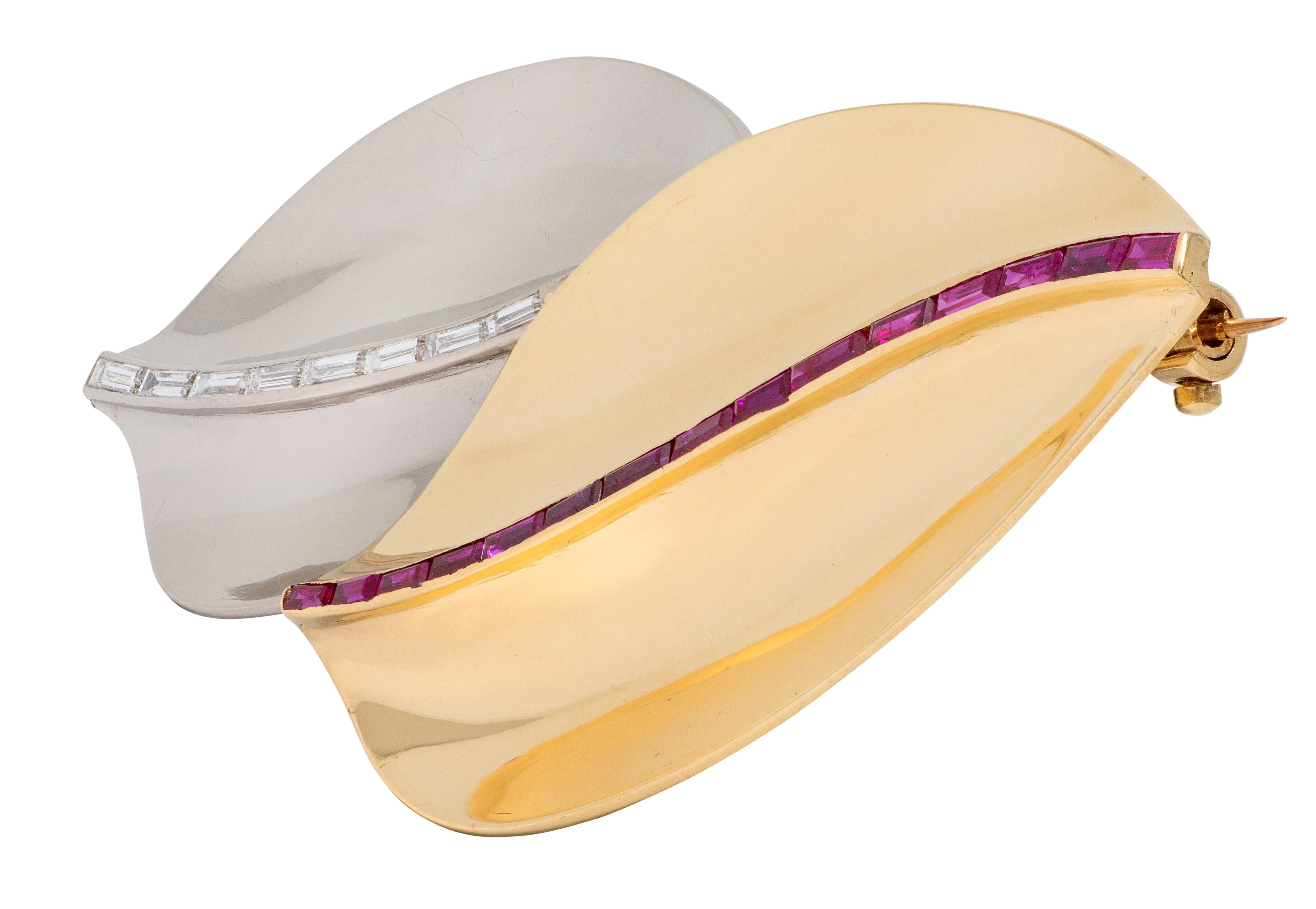 Cartier 1950's Diamond Ruby 18 Karat Two-Tone Gold Vintage Leaf Brooch
