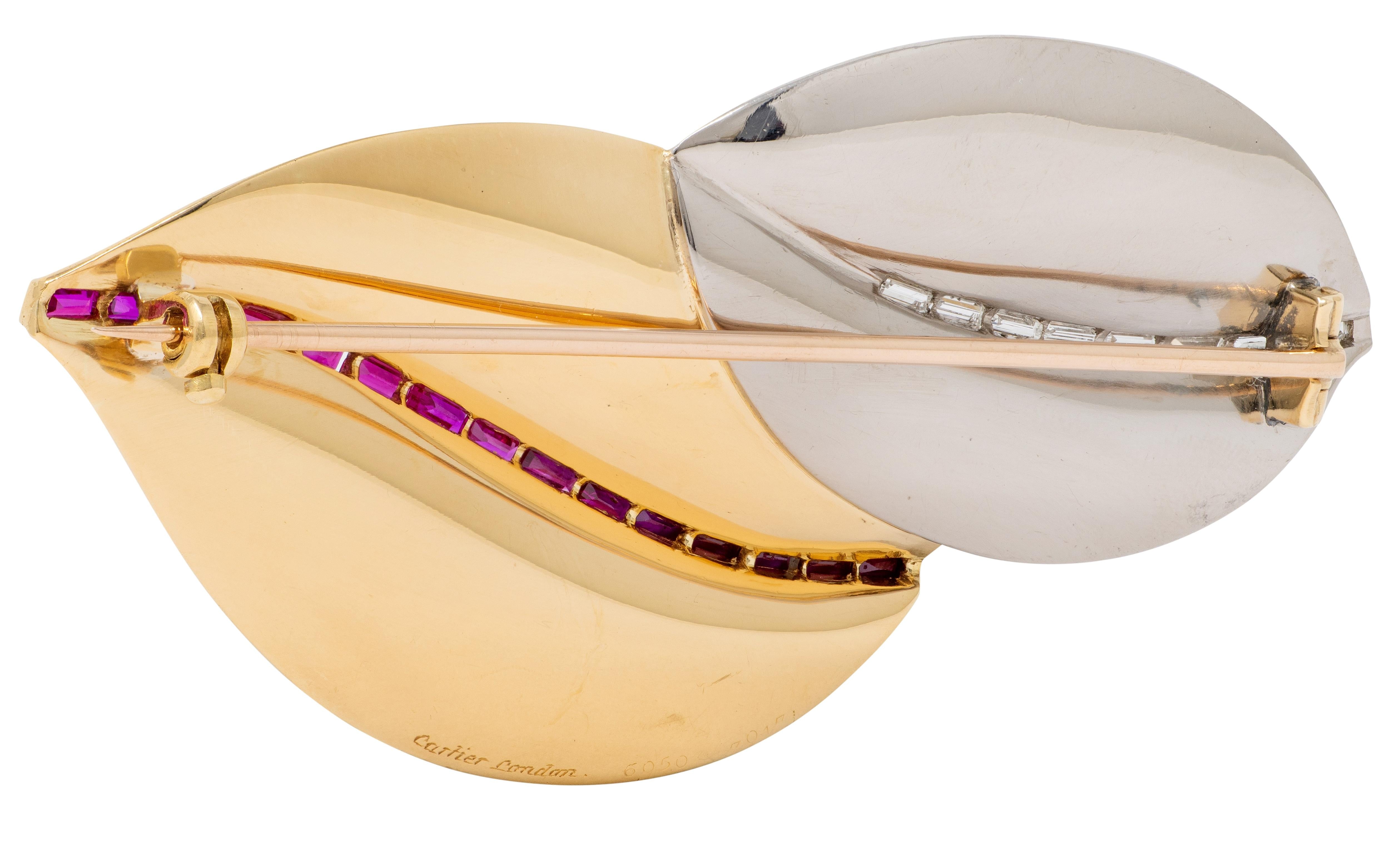 Cartier 1950's Diamond Ruby 18 Karat Two-Tone Gold Vintage Leaf Brooch