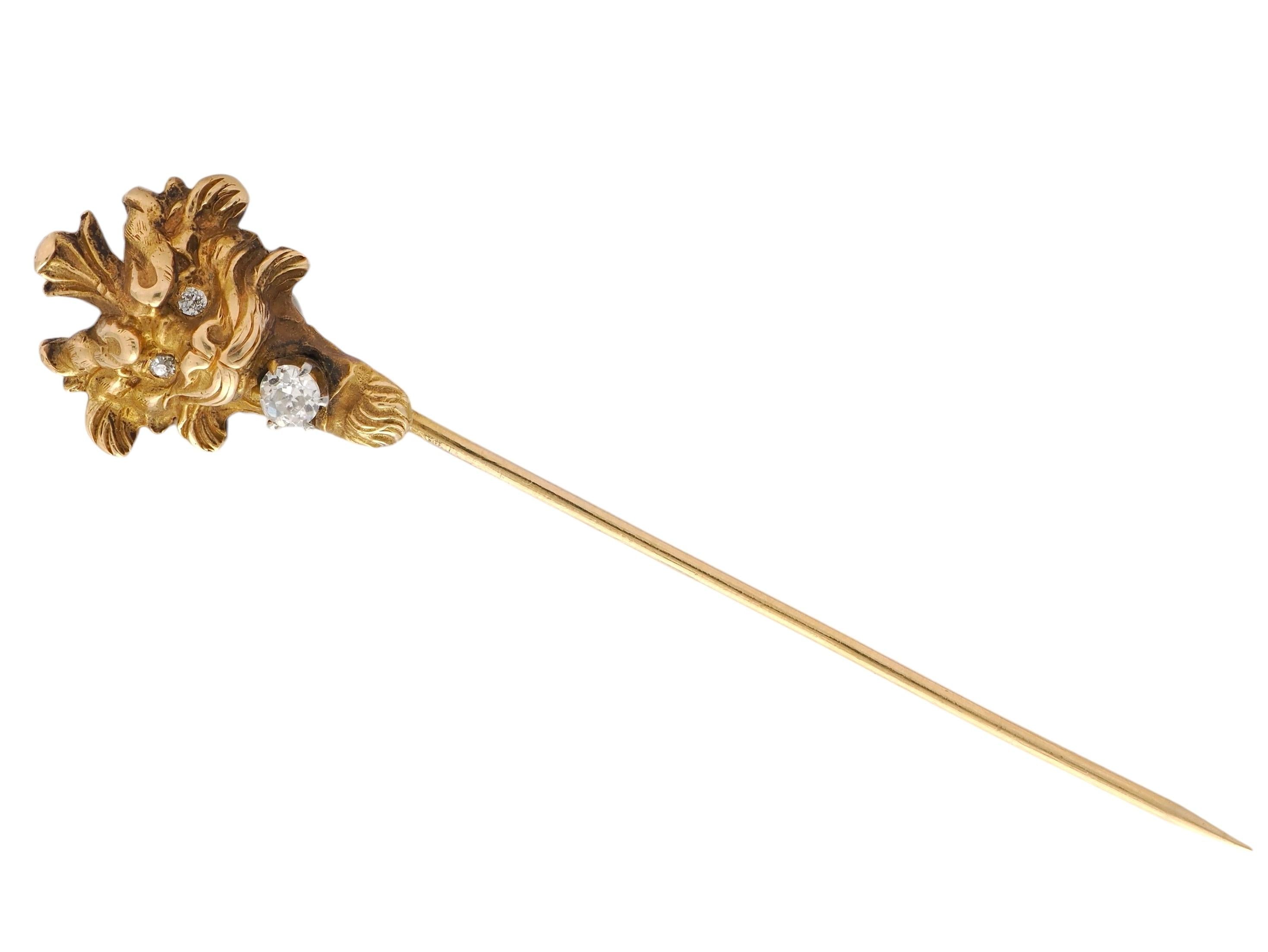 Art Nouveau Diamond 14 Karat Yellow Gold Antique Lion Stickpin