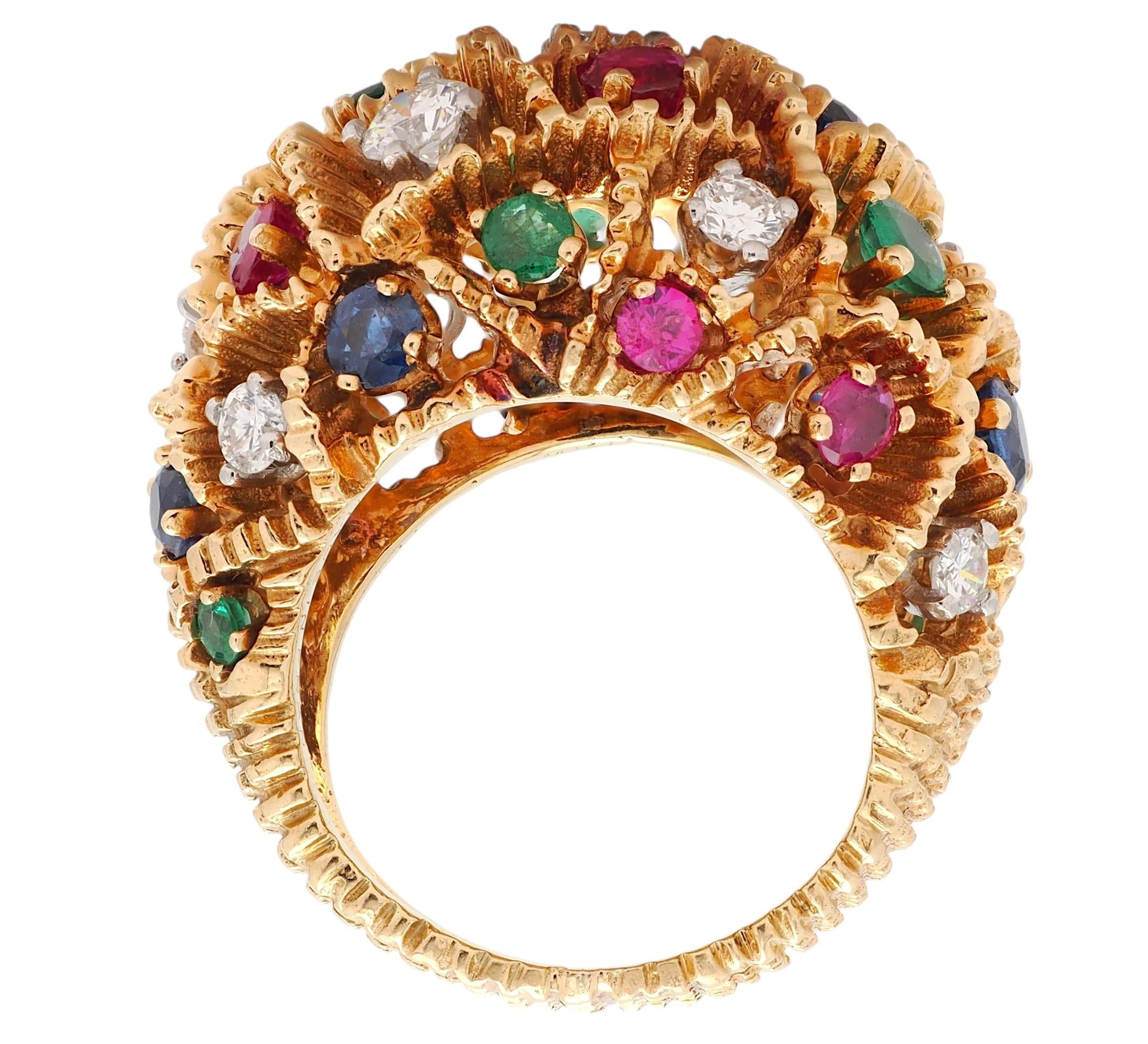 French Diamond Emerald Ruby Sapphire 18K Yellow Gold Platinum Vintage Dome Ring