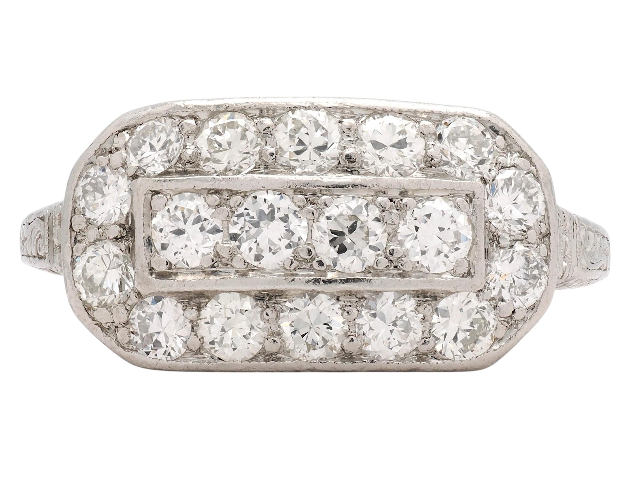 Art Deco Transitional Cut Diamond Platinum Vintage Scrolling Cluster Ring