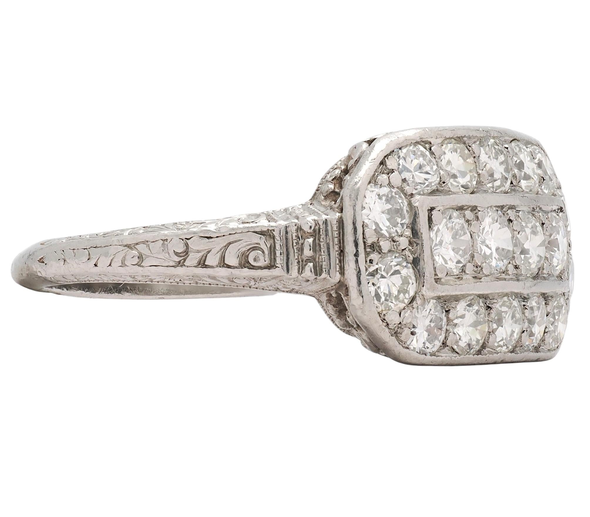Art Deco Transitional Cut Diamond Platinum Vintage Scrolling Cluster Ring