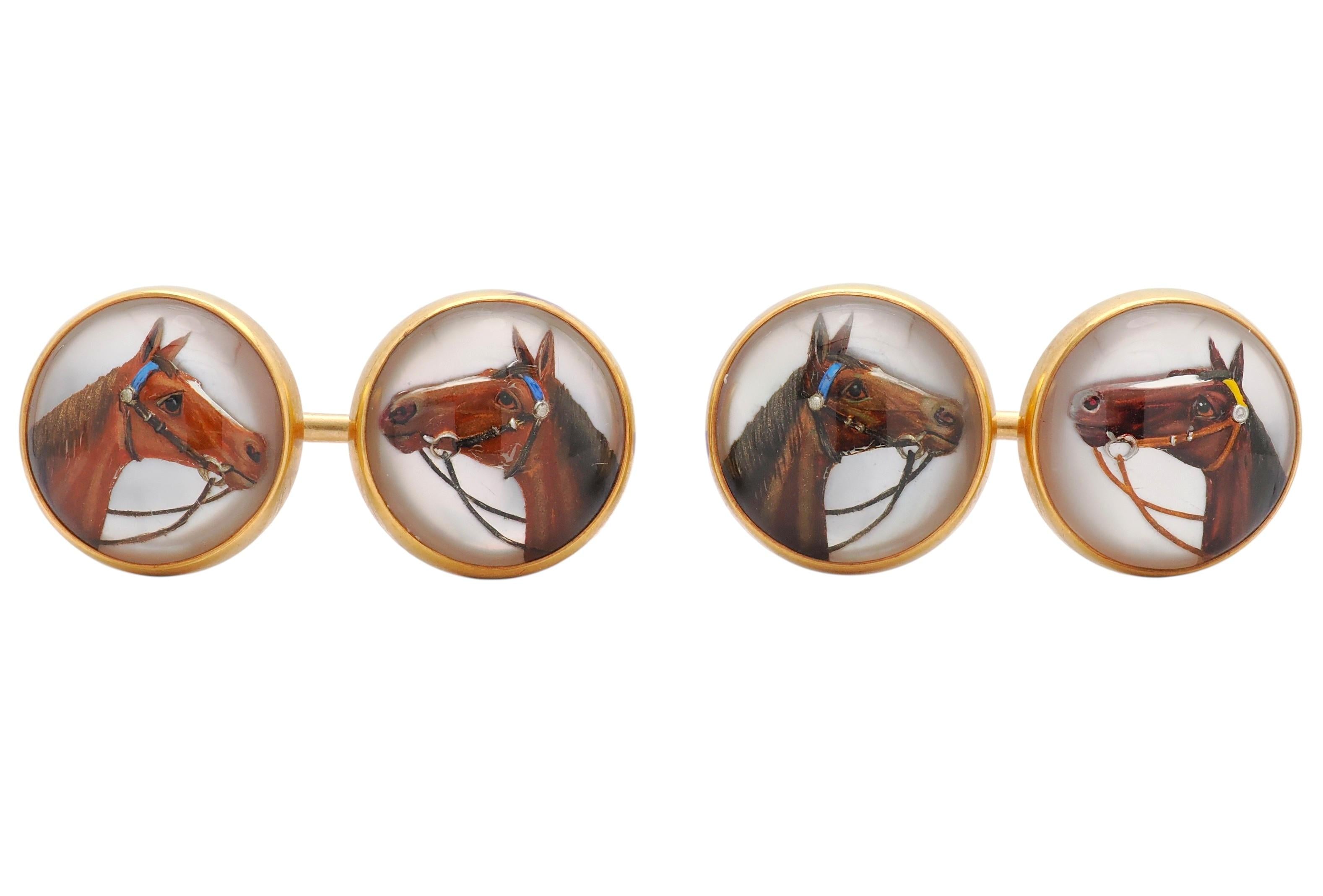 Tiffany & Co Edwardian Essex Crystal 14K Gold Antique Horse Equestrian Cufflinks