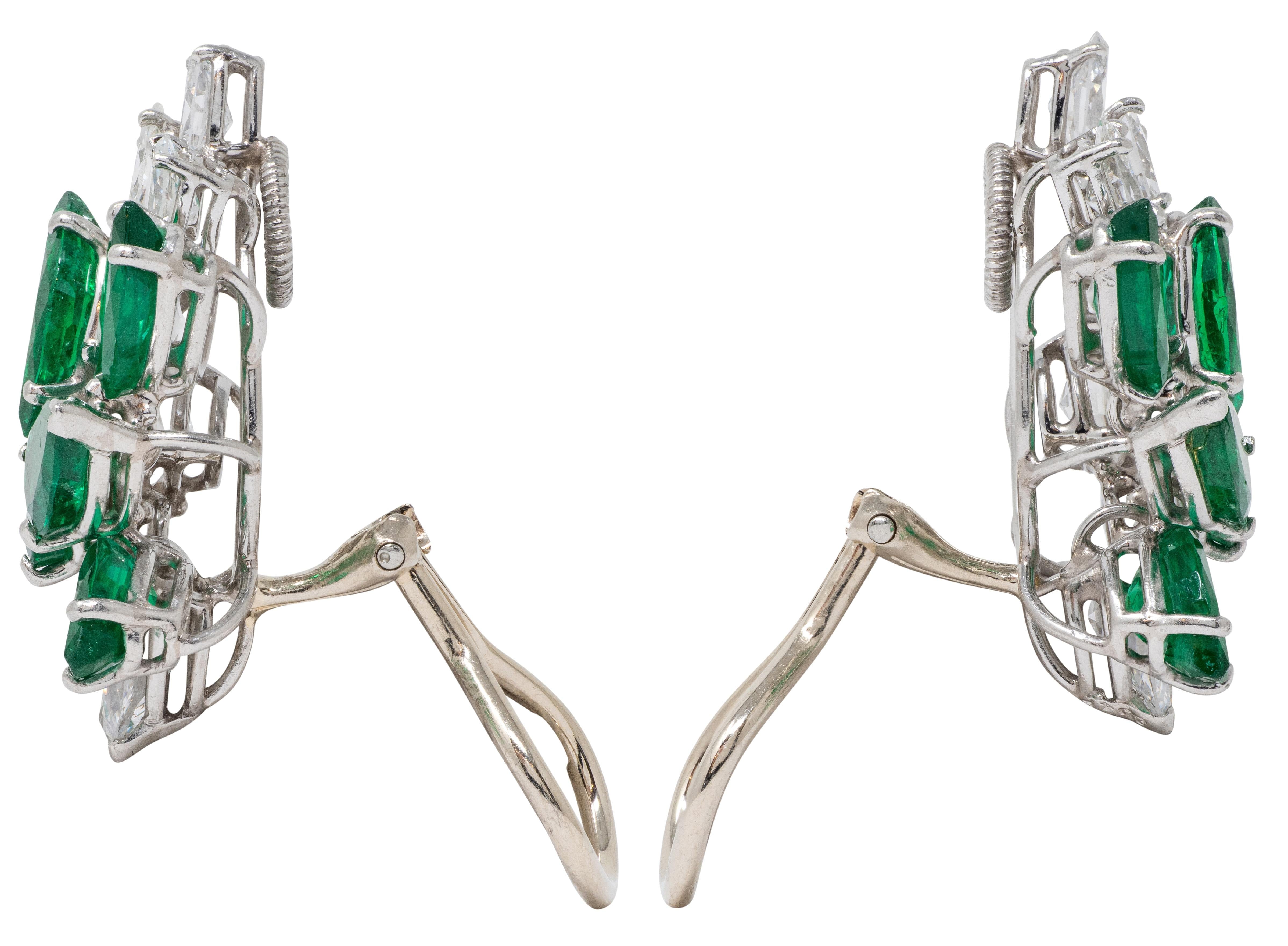 Oscar Heyman 1950s Diamond Emerald Platinum Gold Vintage Spray Ear-Clip Earrings