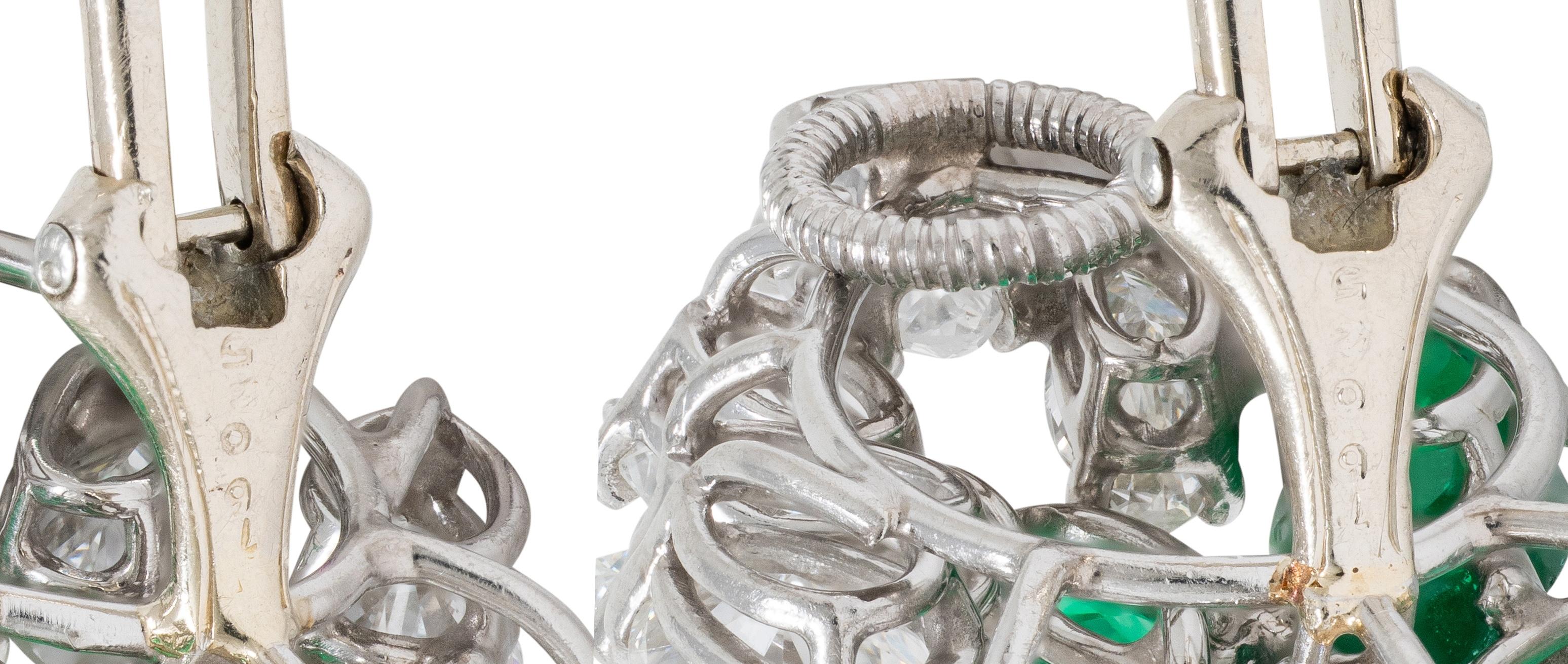 Oscar Heyman 1950s Diamond Emerald Platinum Gold Vintage Spray Ear-Clip Earrings