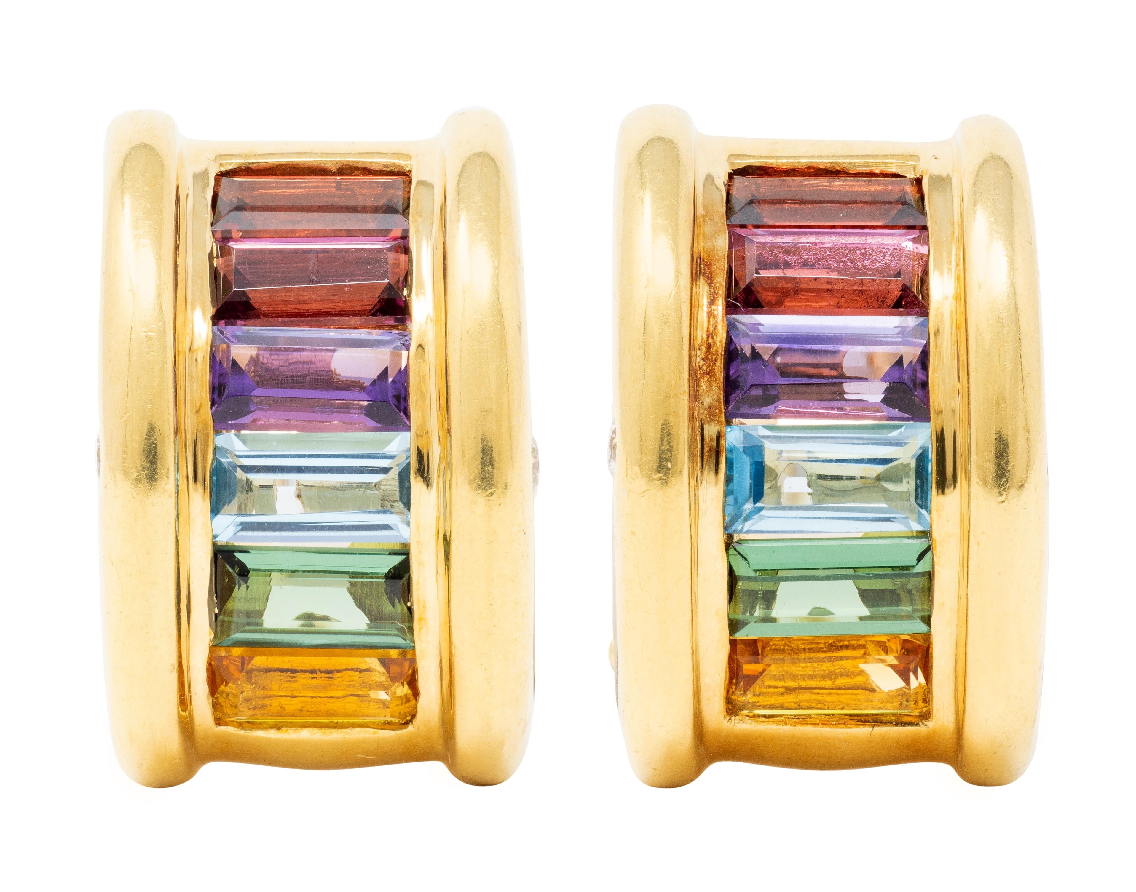 2000's Multi-Gem Diamond 18 Karat Yellow Gold Rainbow J-Hoop Earrings