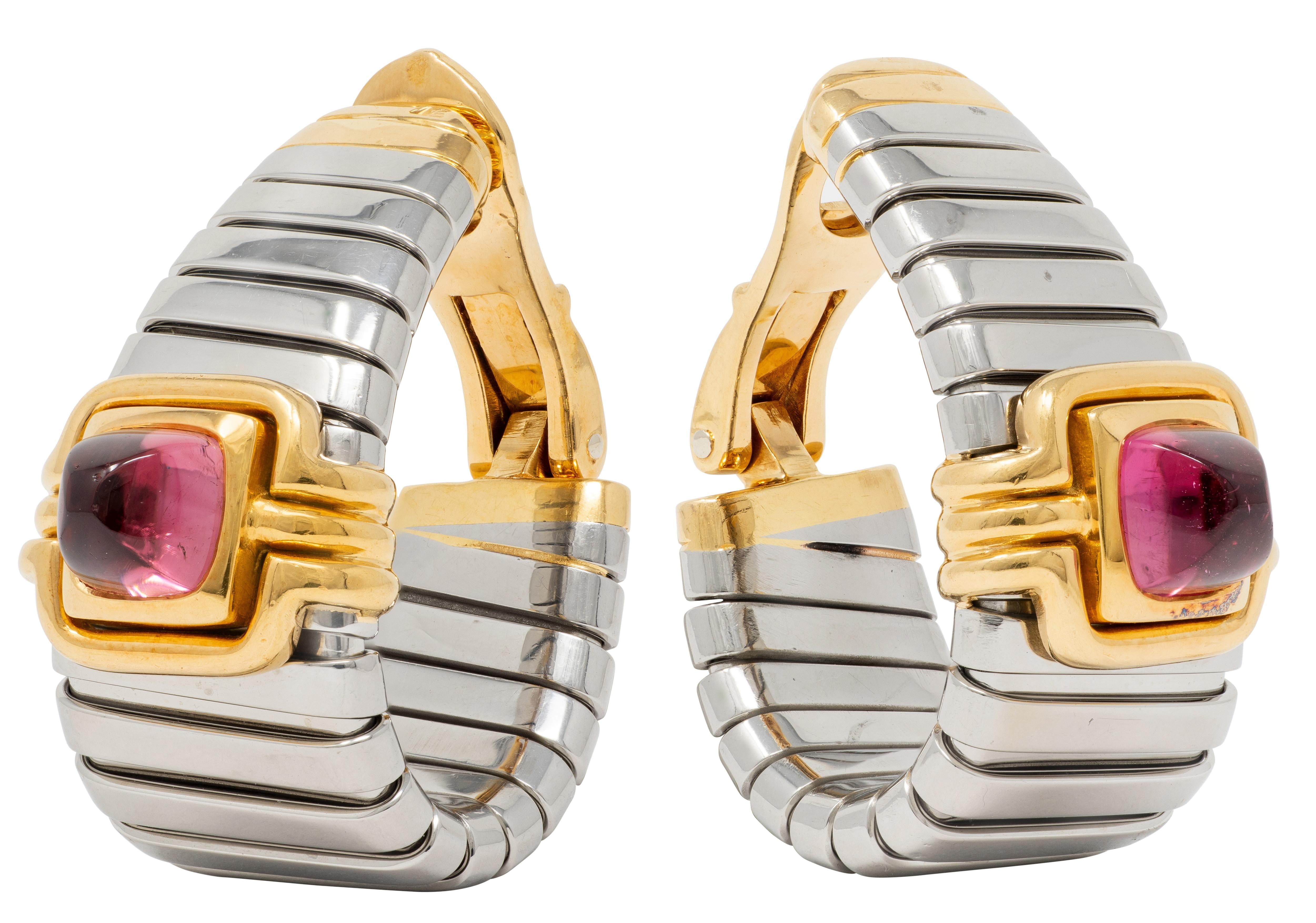Bulgari 1980's Tourmaline 18K Gold Steel Vintage Tubogas Ear-Clip Earrings