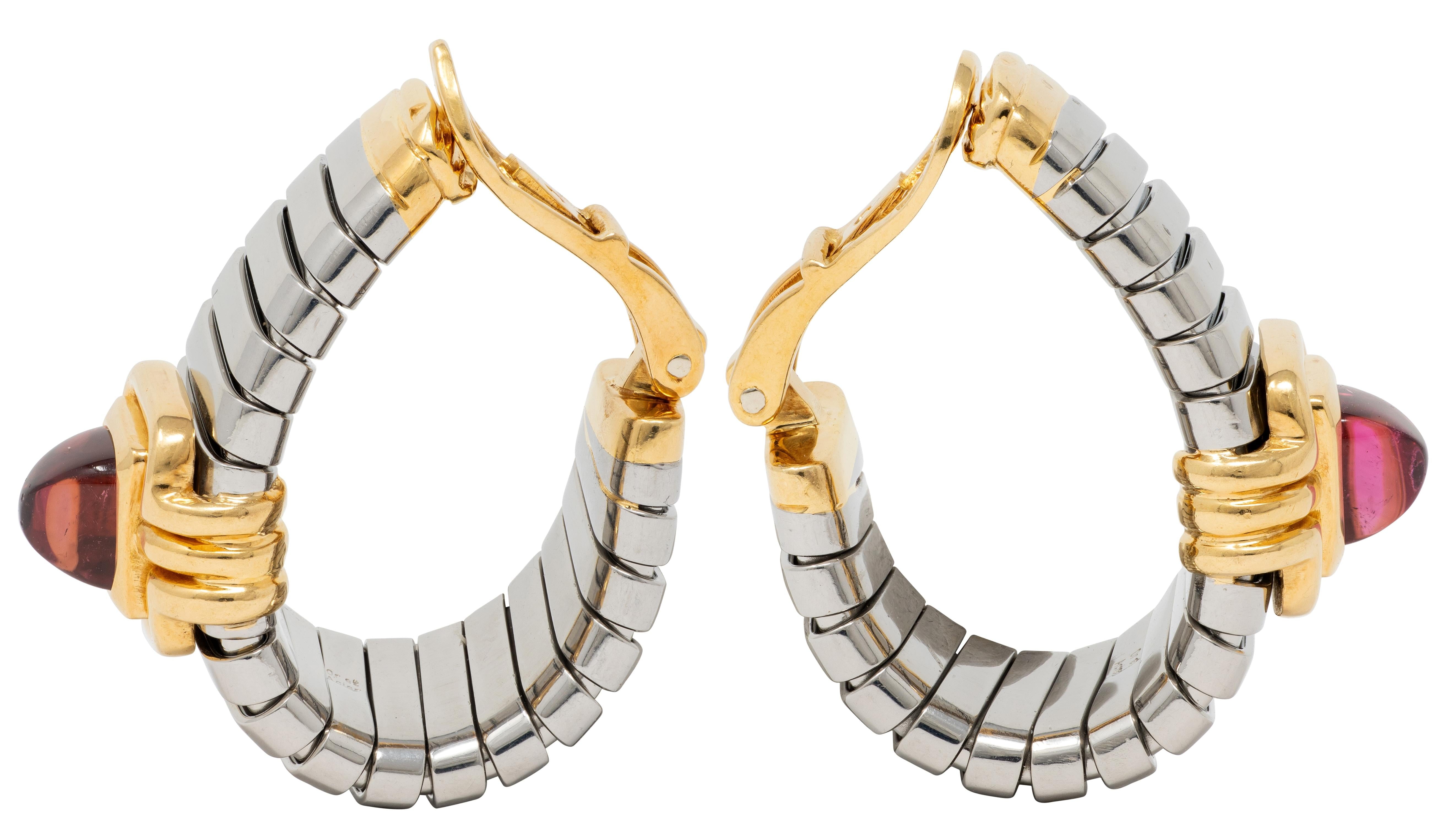 Bulgari 1980's Tourmaline 18K Gold Steel Vintage Tubogas Ear-Clip Earrings