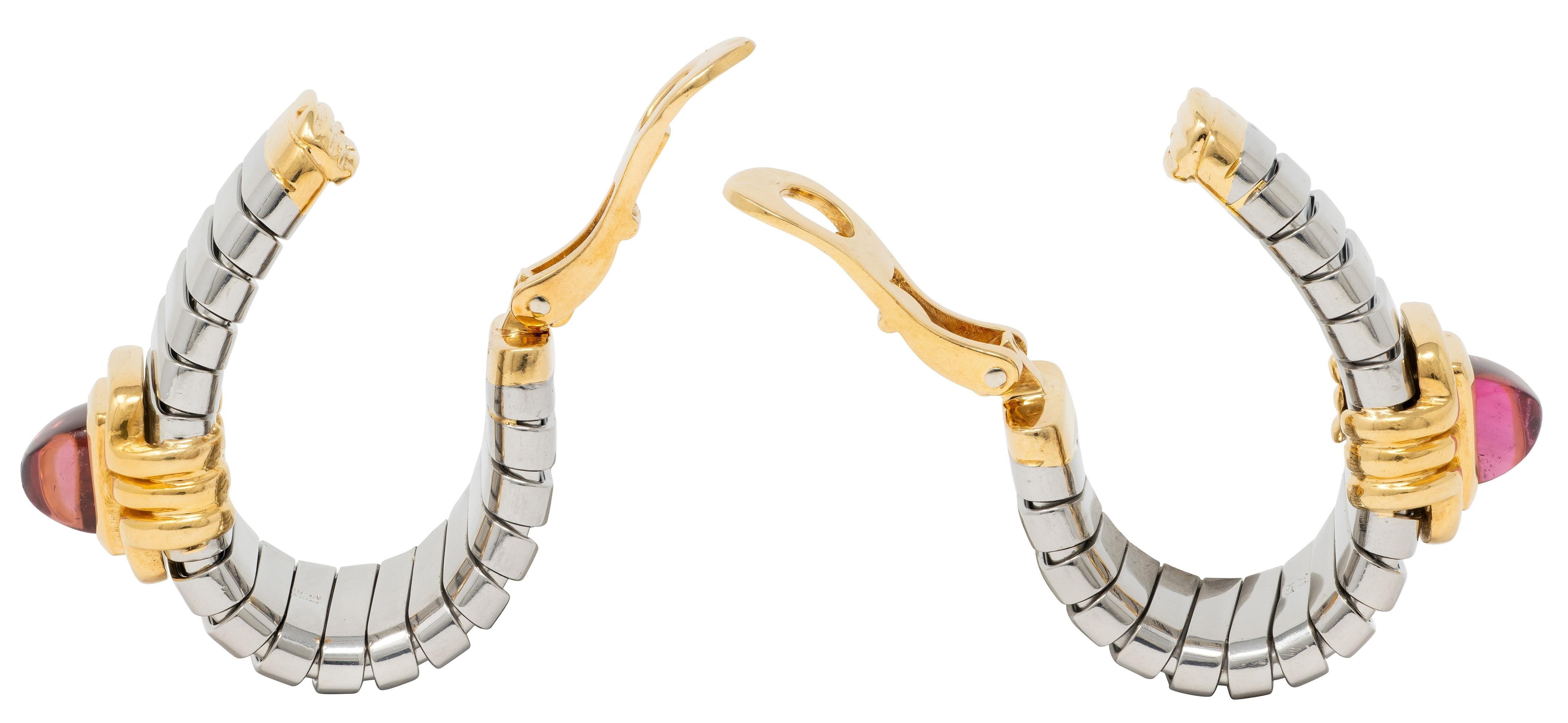 Bulgari 1980's Tourmaline 18K Gold Steel Vintage Tubogas Ear-Clip Earrings