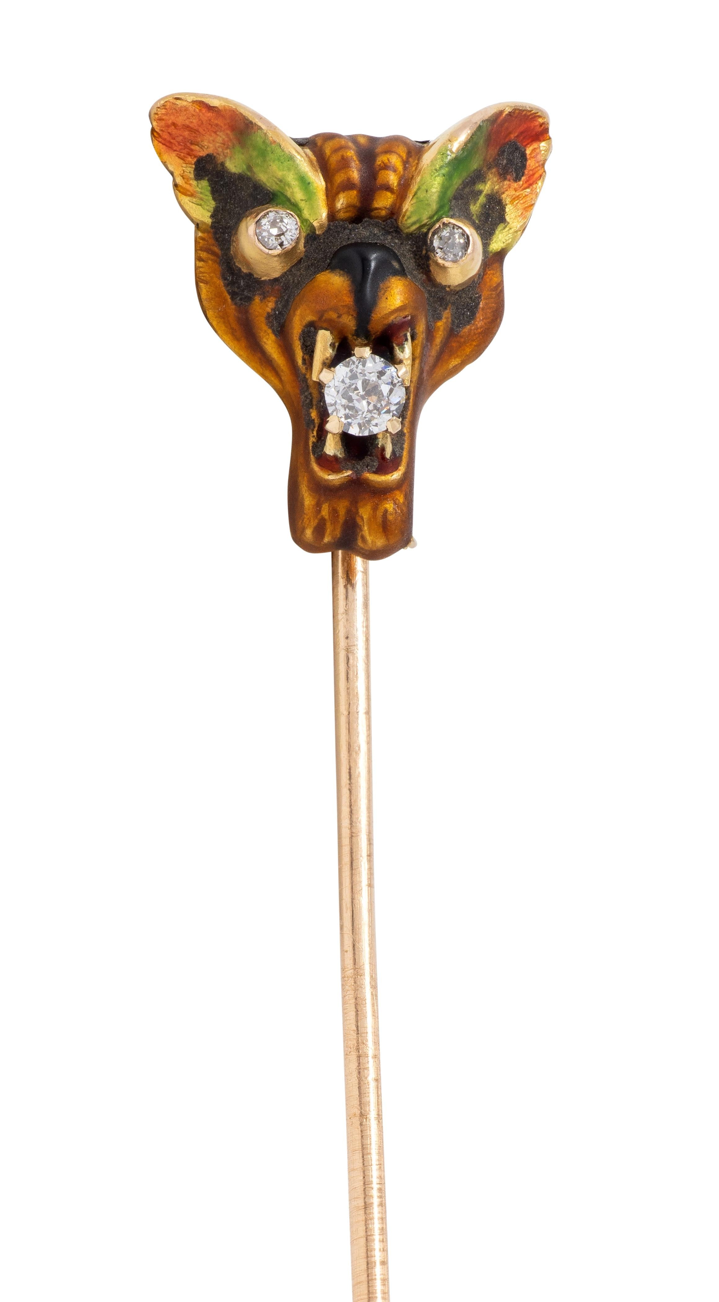 Victorian Diamond Enamel 14 Karat Yellow Gold Antique Cat Mask Stickpin