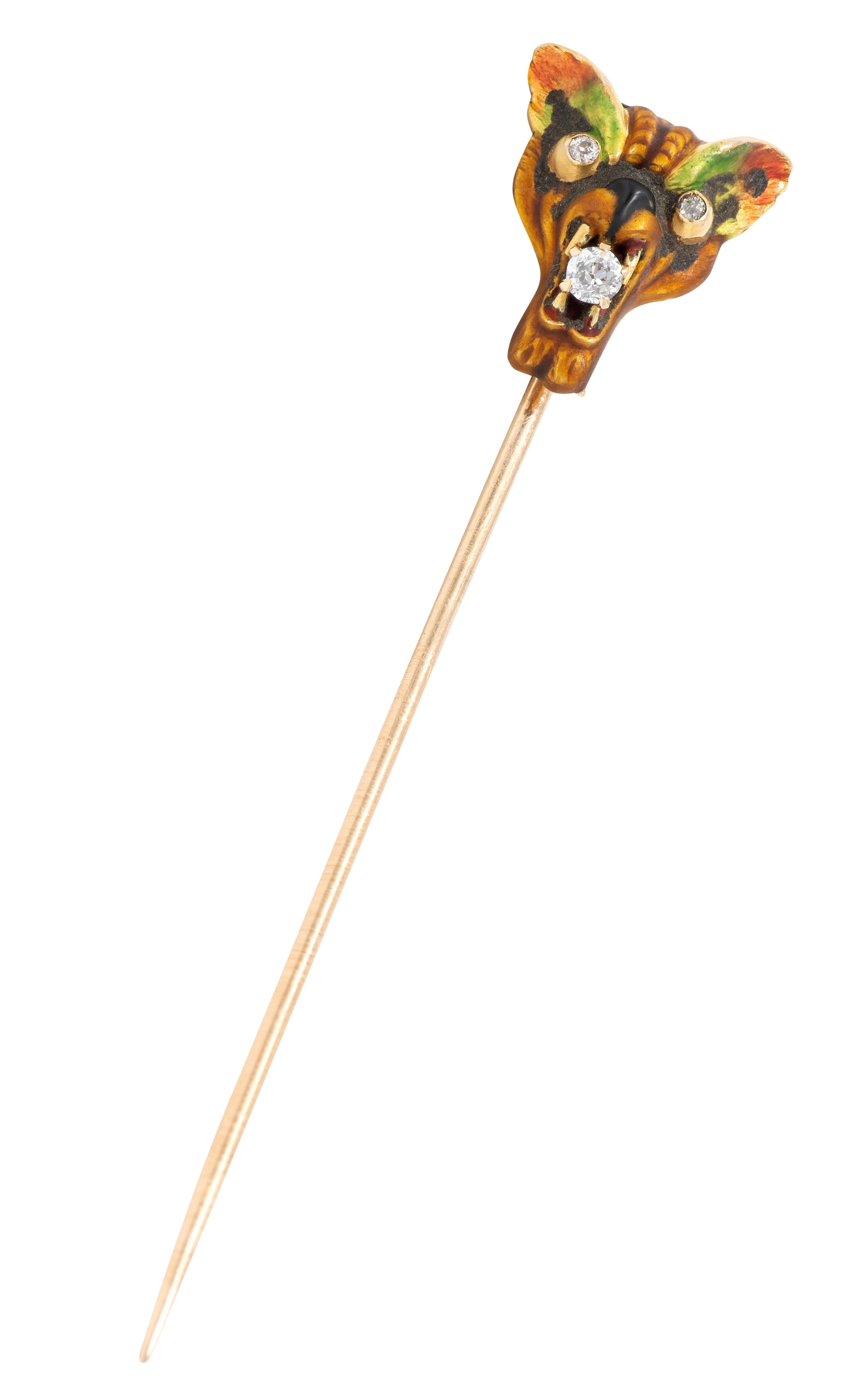 Victorian Diamond Enamel 14 Karat Yellow Gold Antique Cat Mask Stickpin