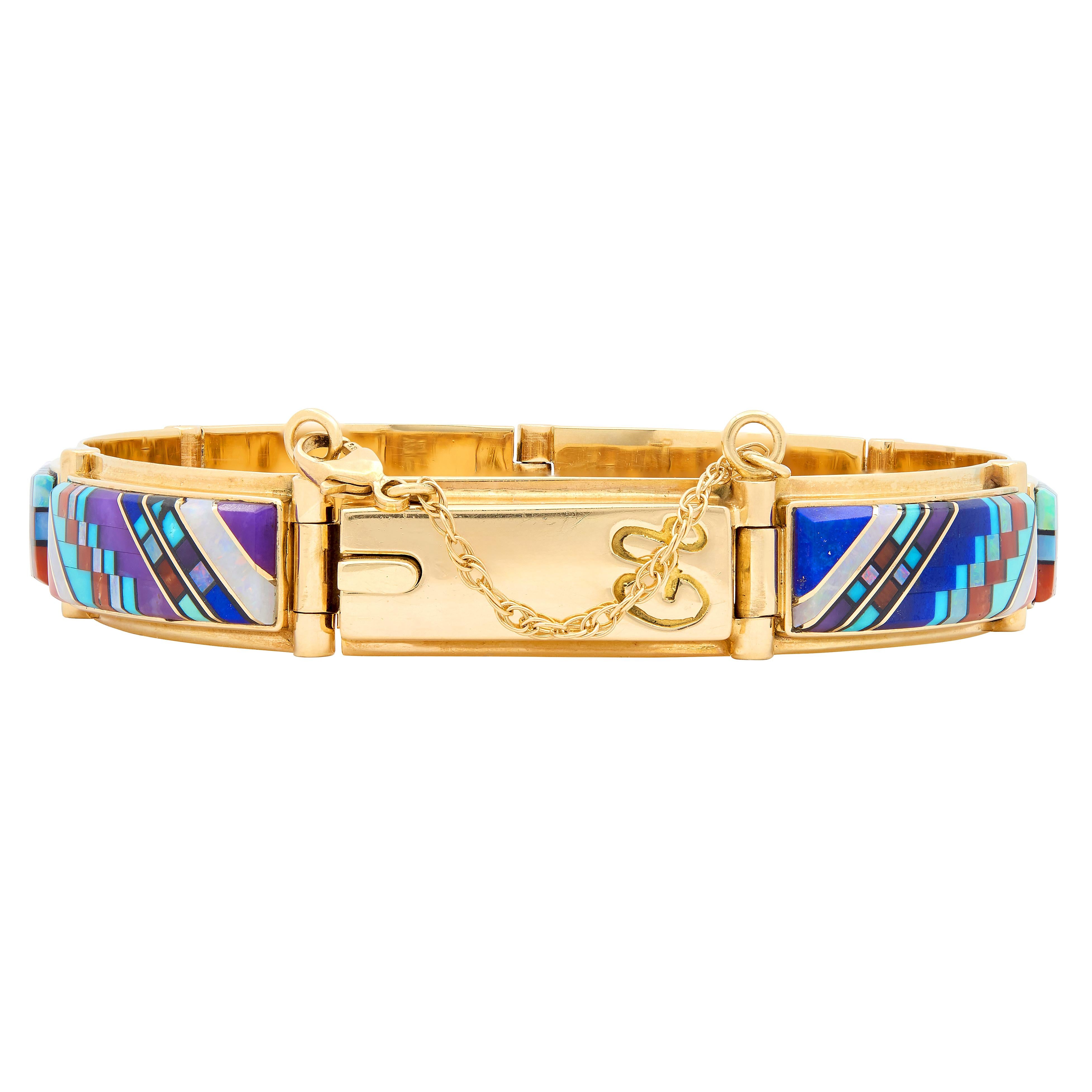 Gary Arviso 1970's Multi-Gem 14 Karat Gold Vintage Geometric Inlay Bracelet
