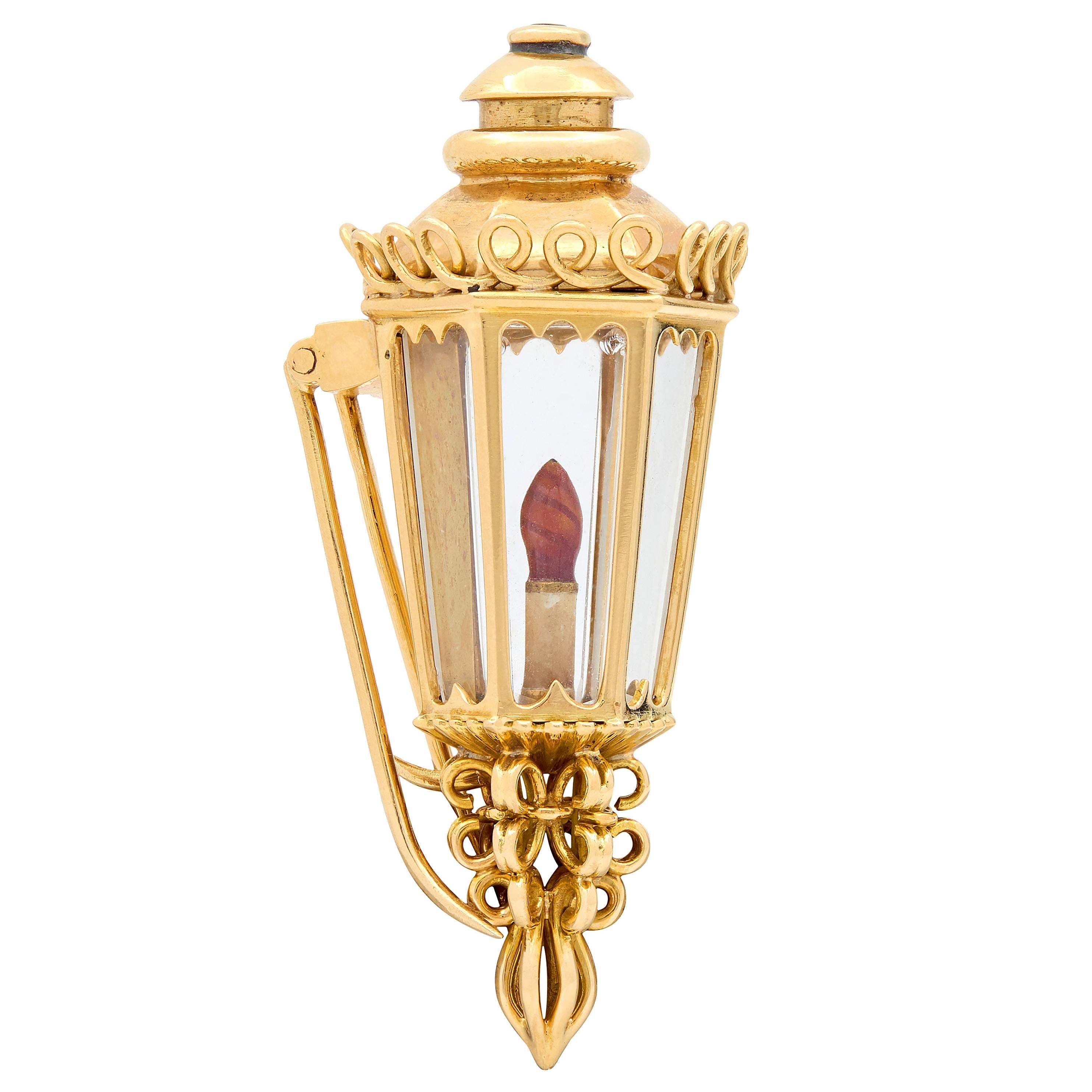 1960's Enamel 18 Karat Yellow Gold Vintage Lamp Candle Brooch