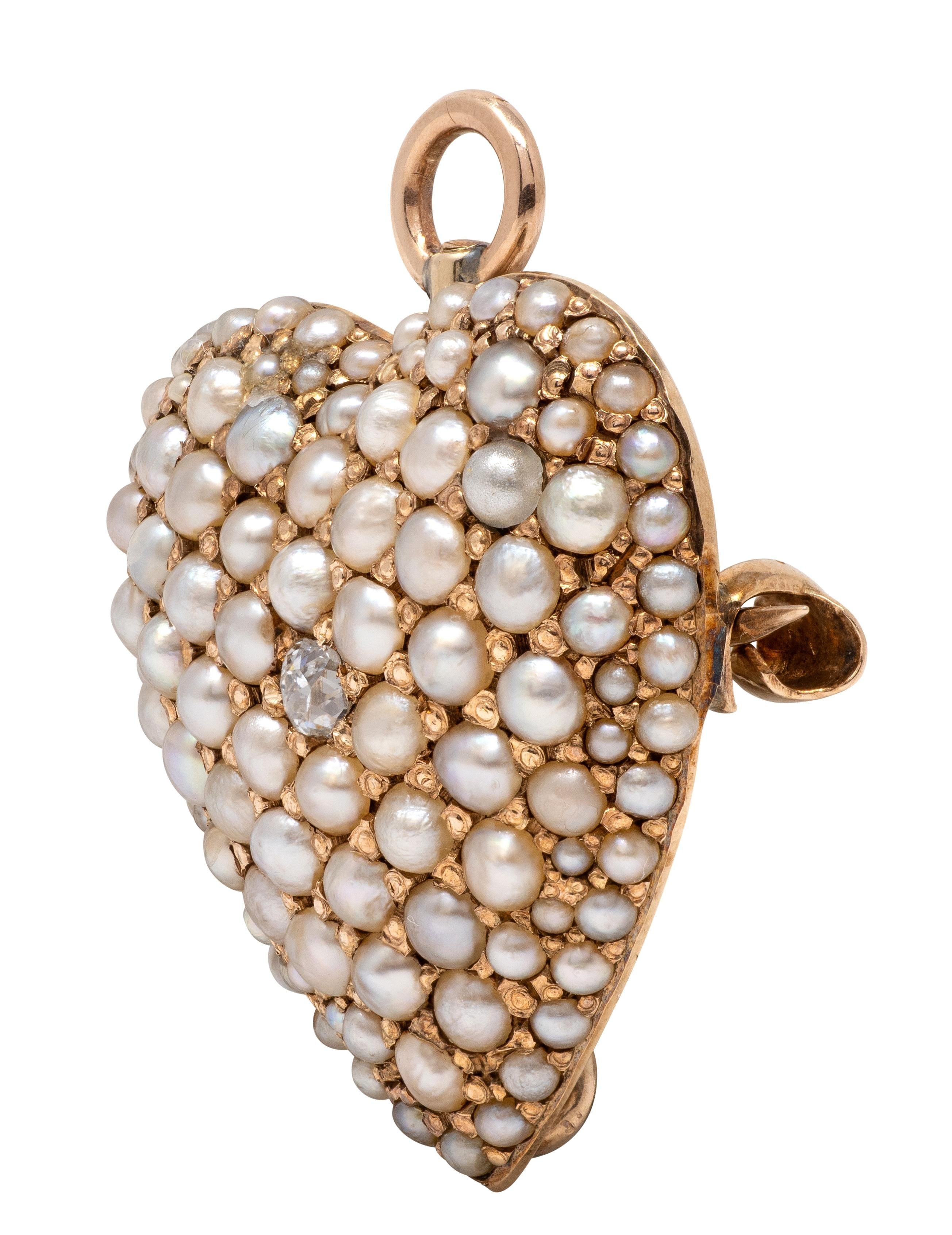 Victorian Pearl Diamond 14 Karat Yellow Gold Antique Heart Pendant Brooch