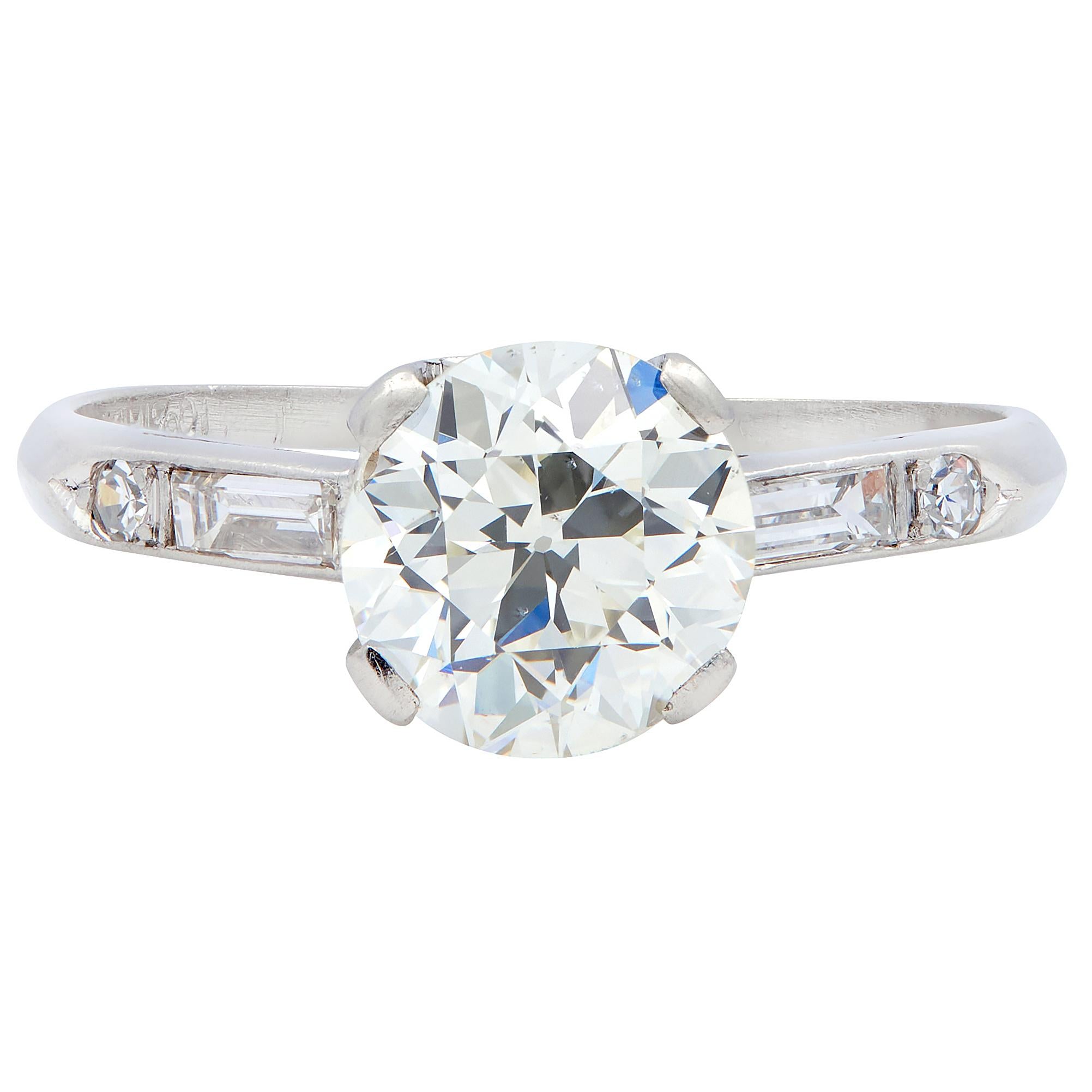 Mid-Century Old European Cut Diamond Platinum Vintage Scroll Engagement Ring GIA