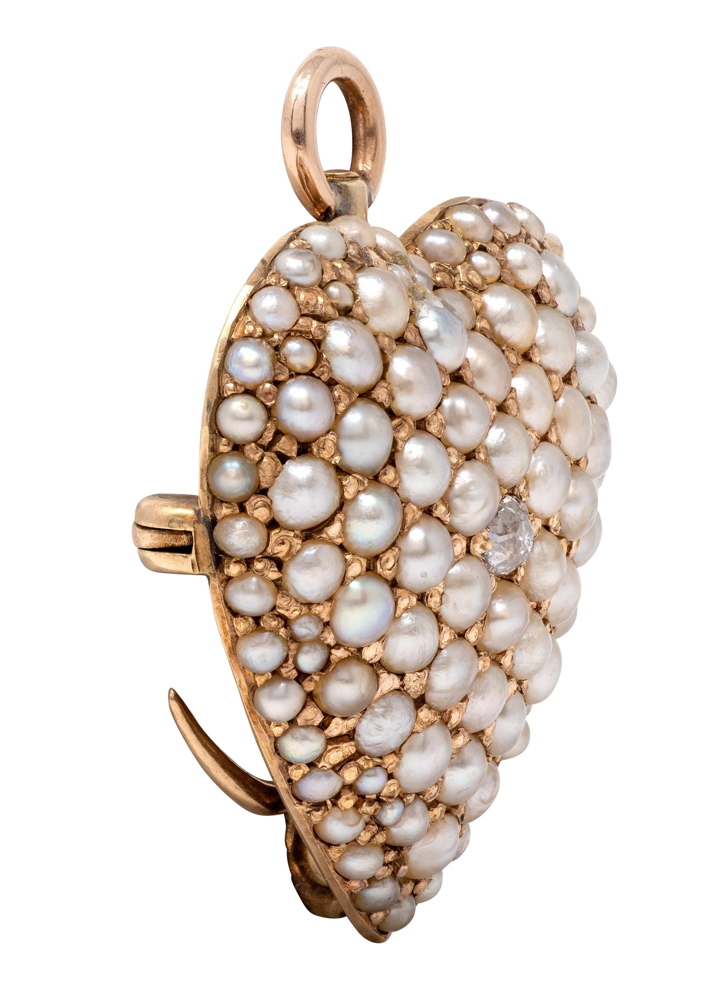 Victorian Pearl Diamond 14 Karat Yellow Gold Antique Heart Pendant Brooch