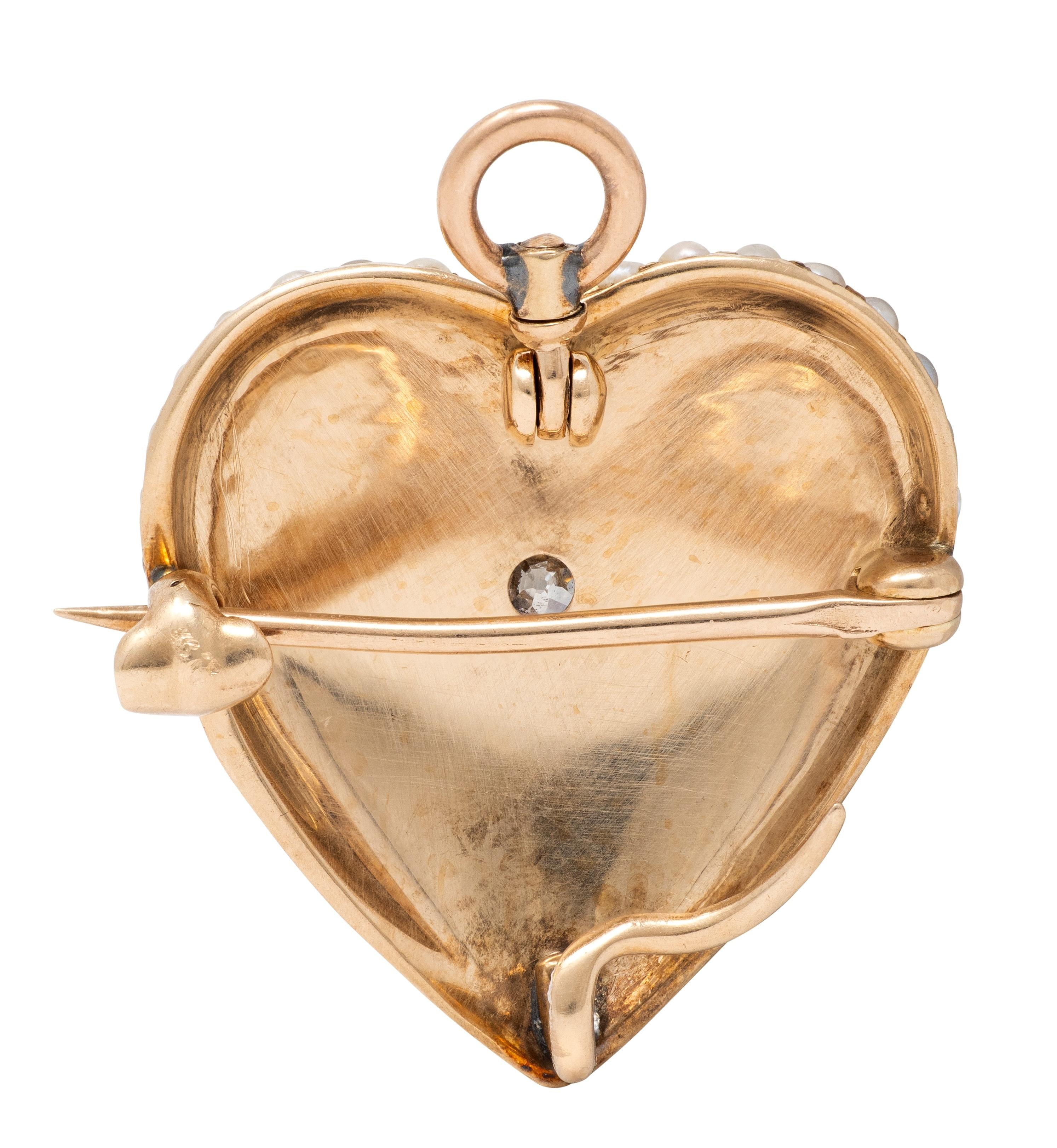 Victorian Pearl Diamond 14 Karat Yellow Gold Antique Heart Pendant Brooch