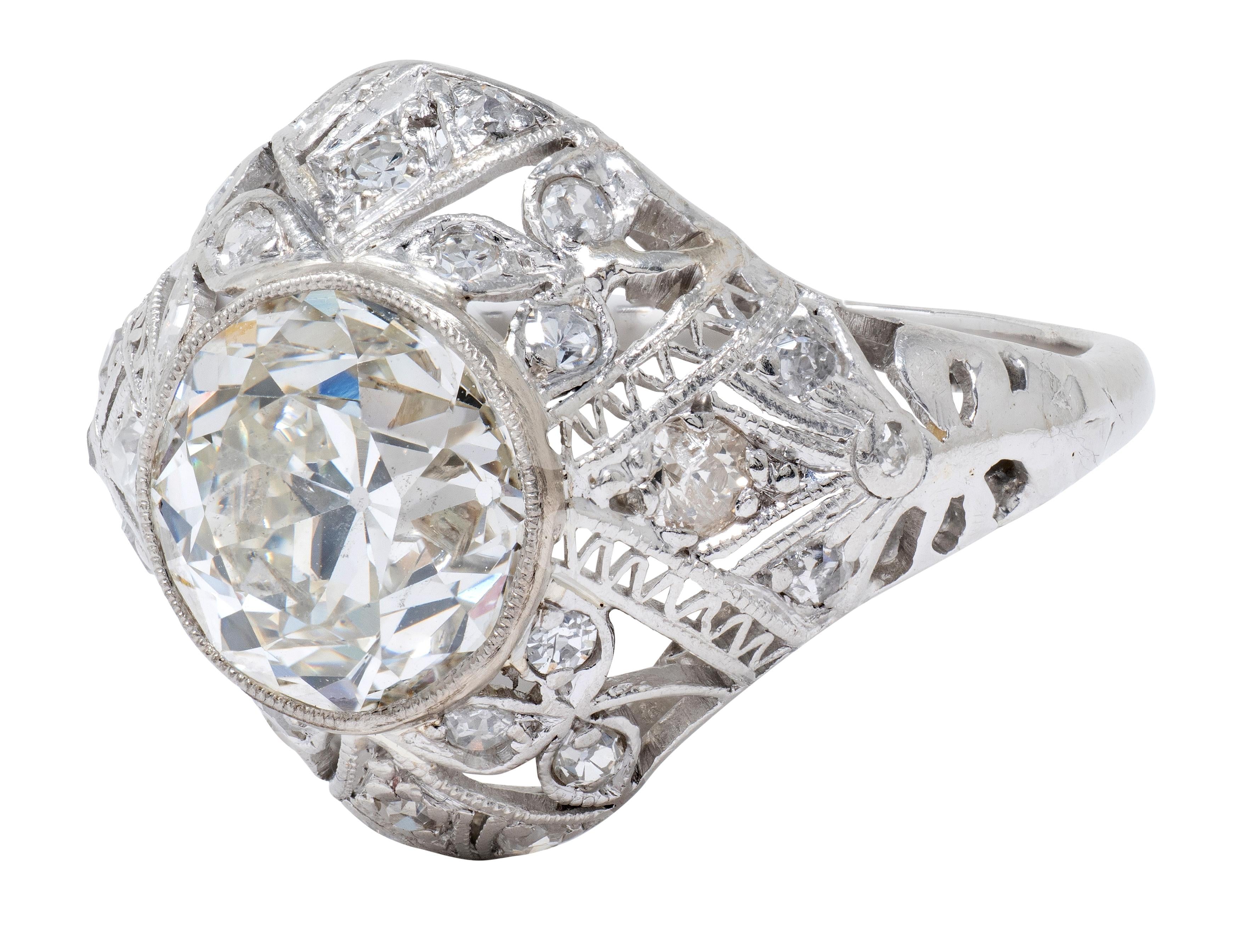 Belle Epoqué 3.20 CTW Diamond Platinum Antique Foliate Bow Engagement Ring GIA