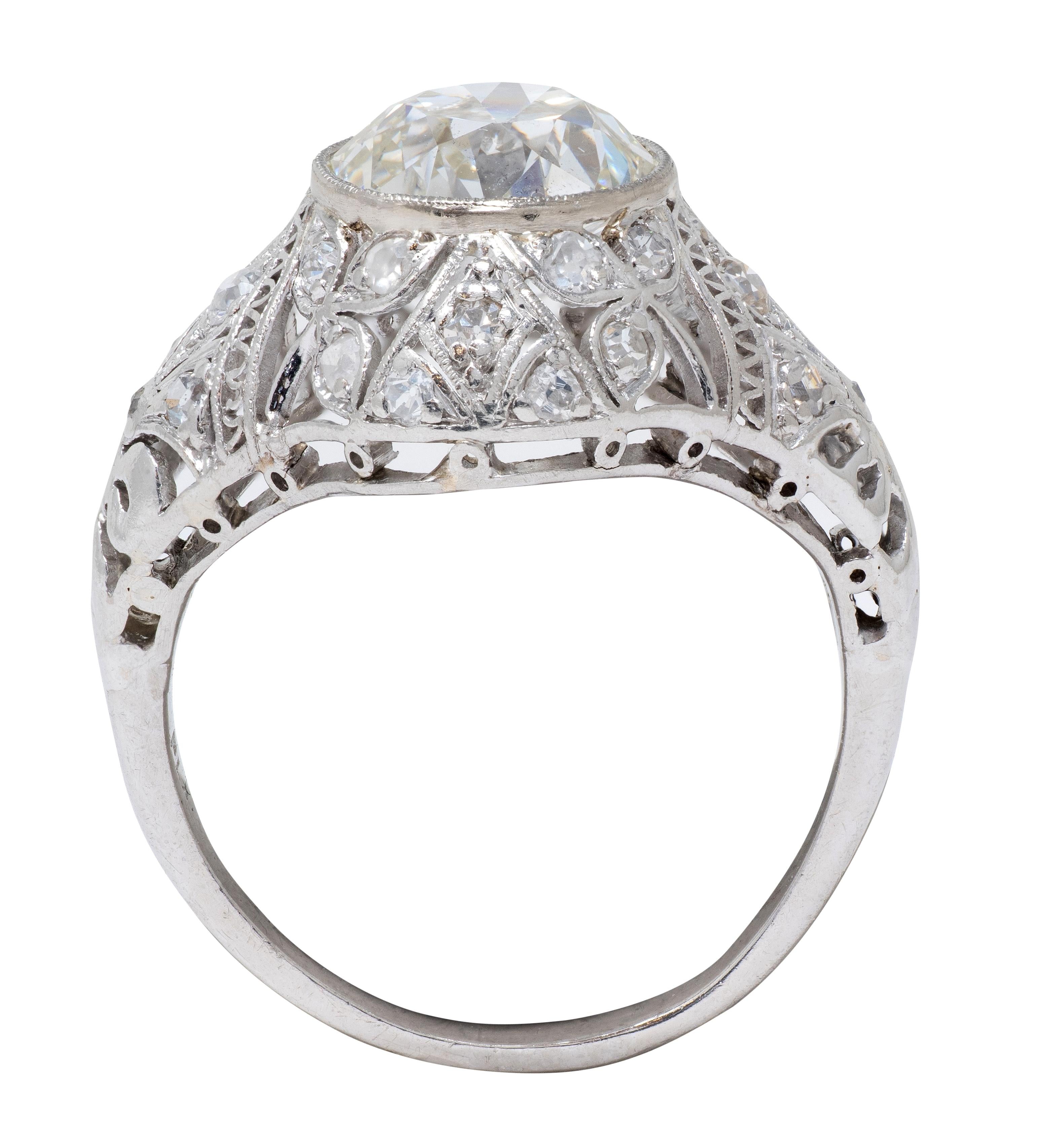Belle Epoqué 3.20 CTW Diamond Platinum Antique Foliate Bow Engagement Ring GIA