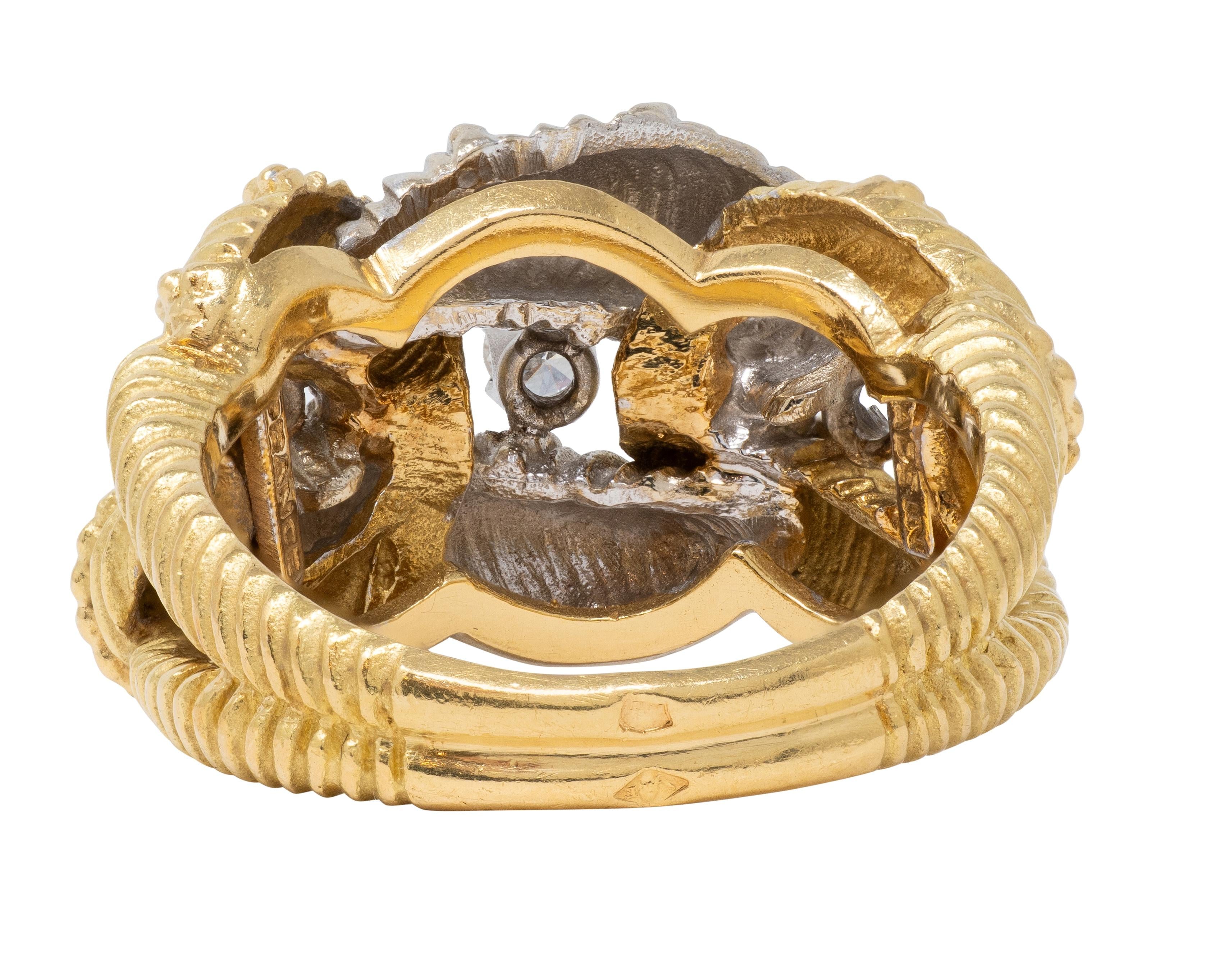 French 1960's Diamond 18 Karat Yellow Gold Platinum Vintage Twist Link Band Ring