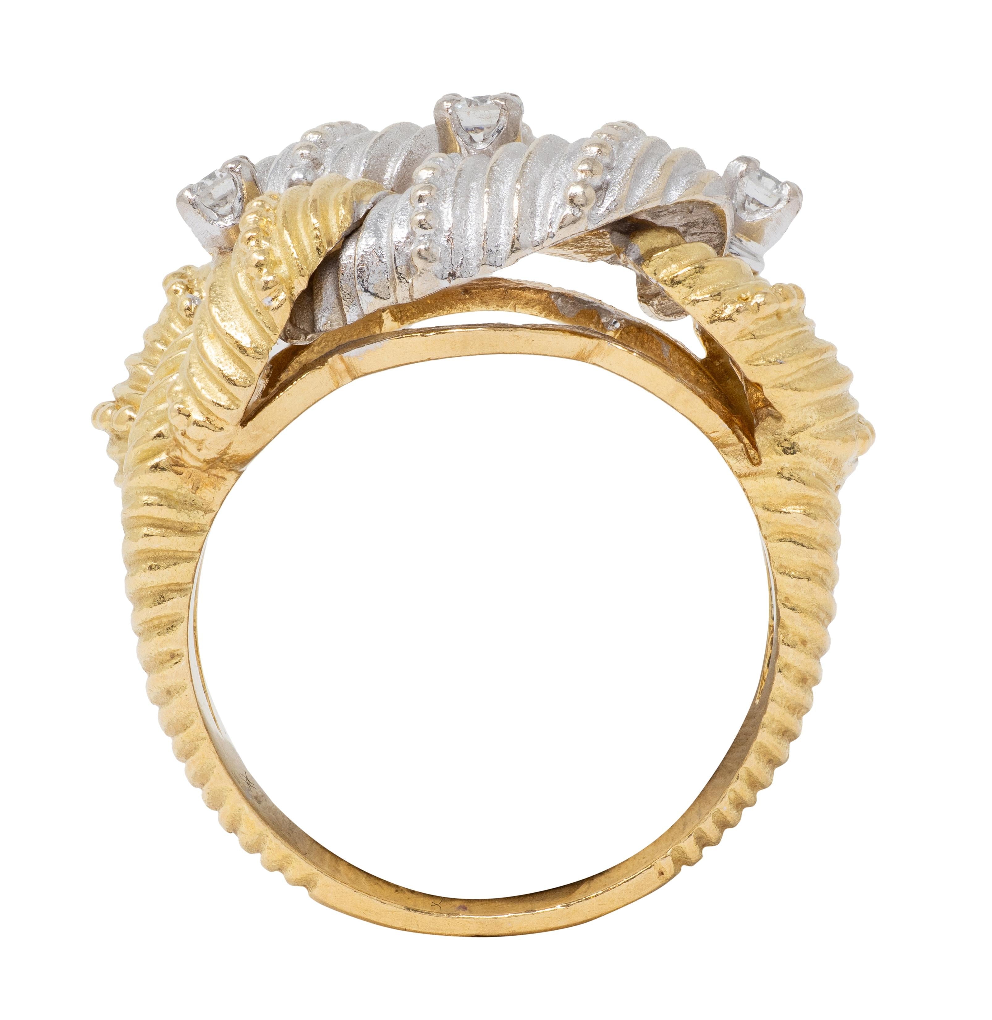 French 1960's Diamond 18 Karat Yellow Gold Platinum Vintage Twist Link Band Ring