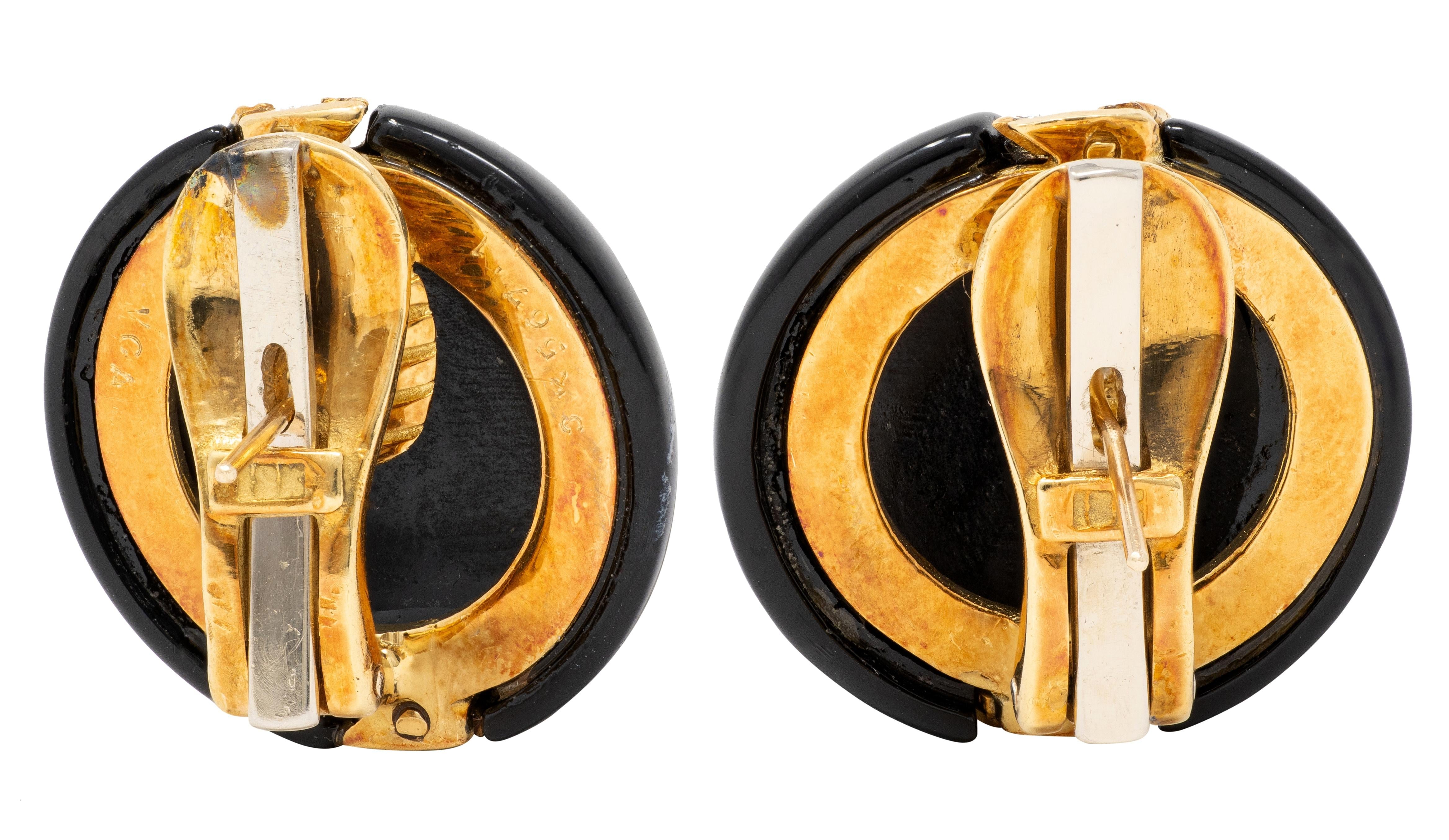 Van Cleef & Arpels 1980's Diamond Onyx 18K Yellow Gold Vintage Dome Earrings