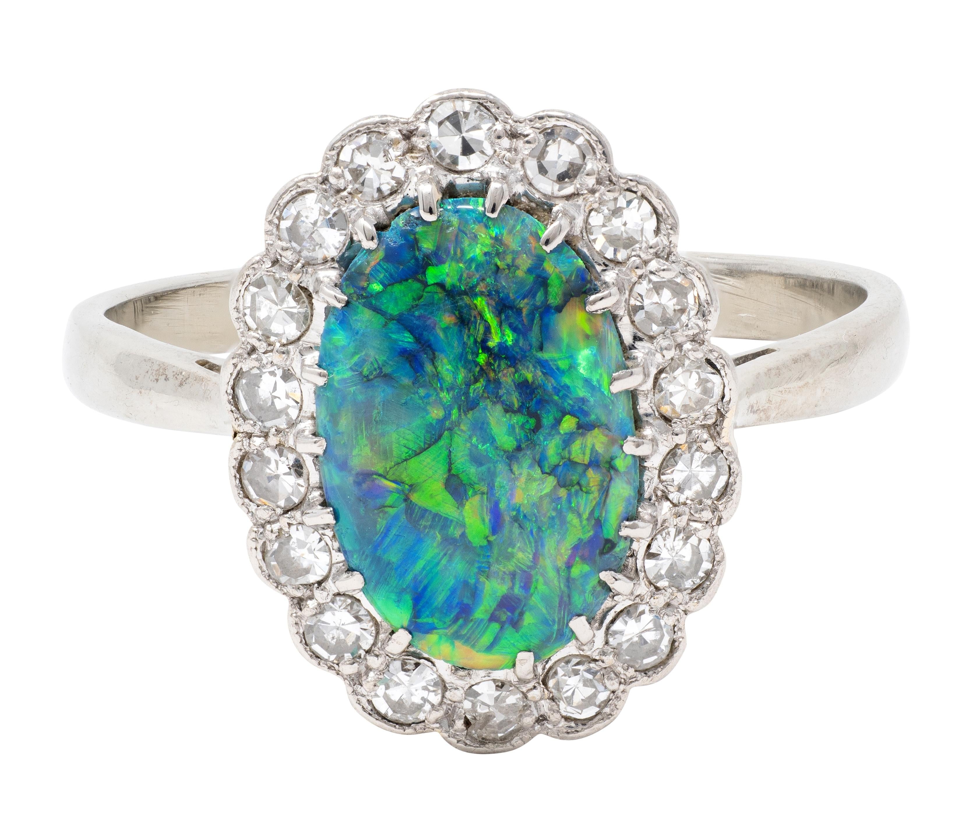 1950's Diamond Opal 18 Karat White Gold Platinum Vintage Halo Ring
