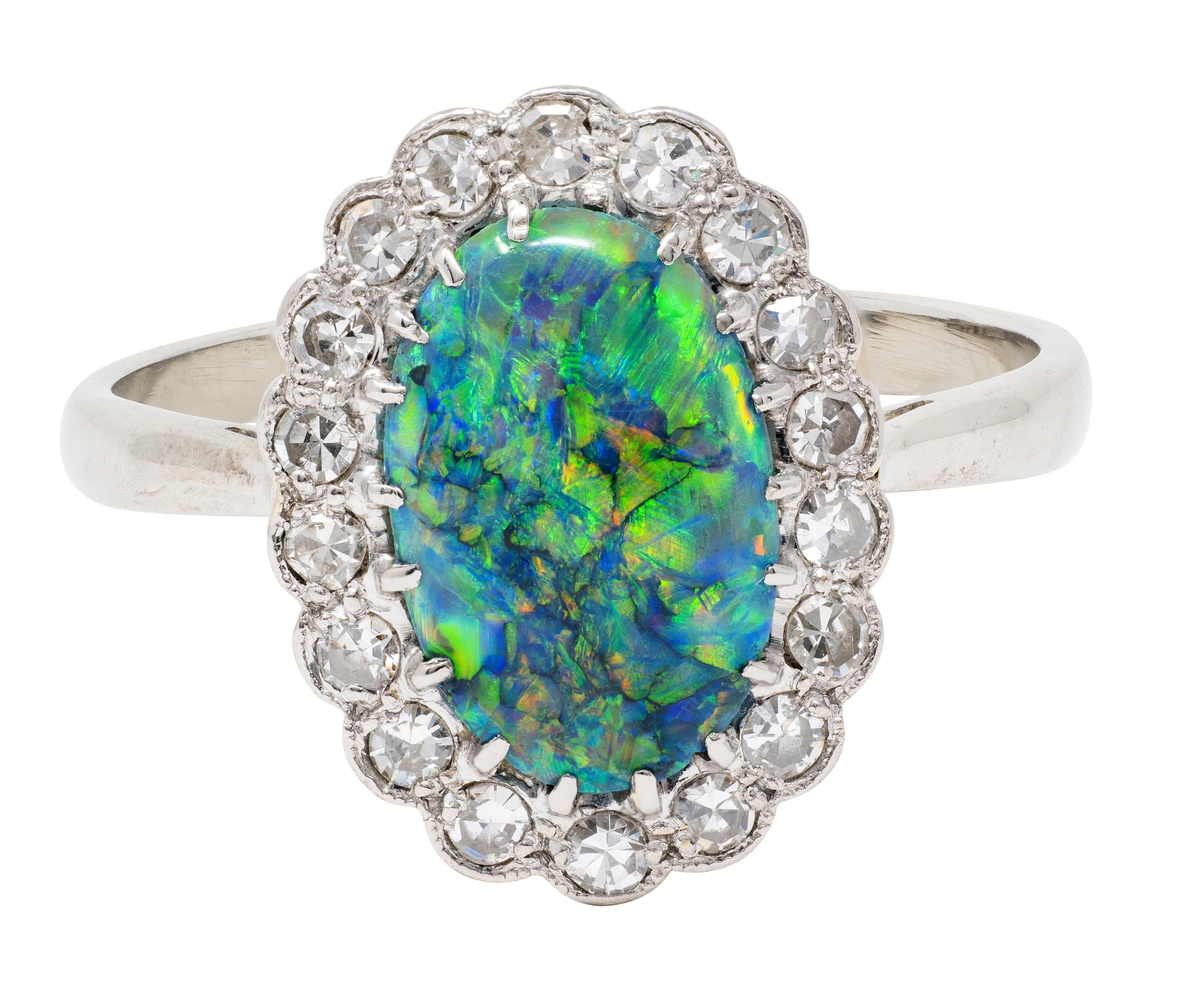 1950's Diamond Opal 18 Karat White Gold Platinum Vintage Halo Ring