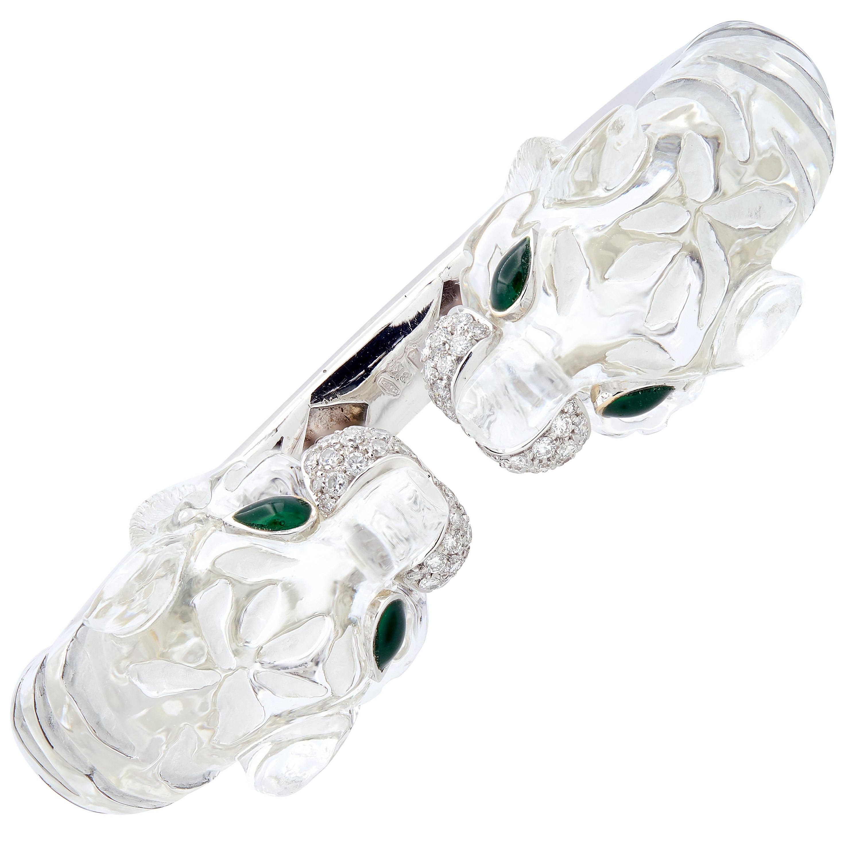2000's Diamond Emerald Quartz 18K Gold Contemporary Tiger Head Cuff Bracelet