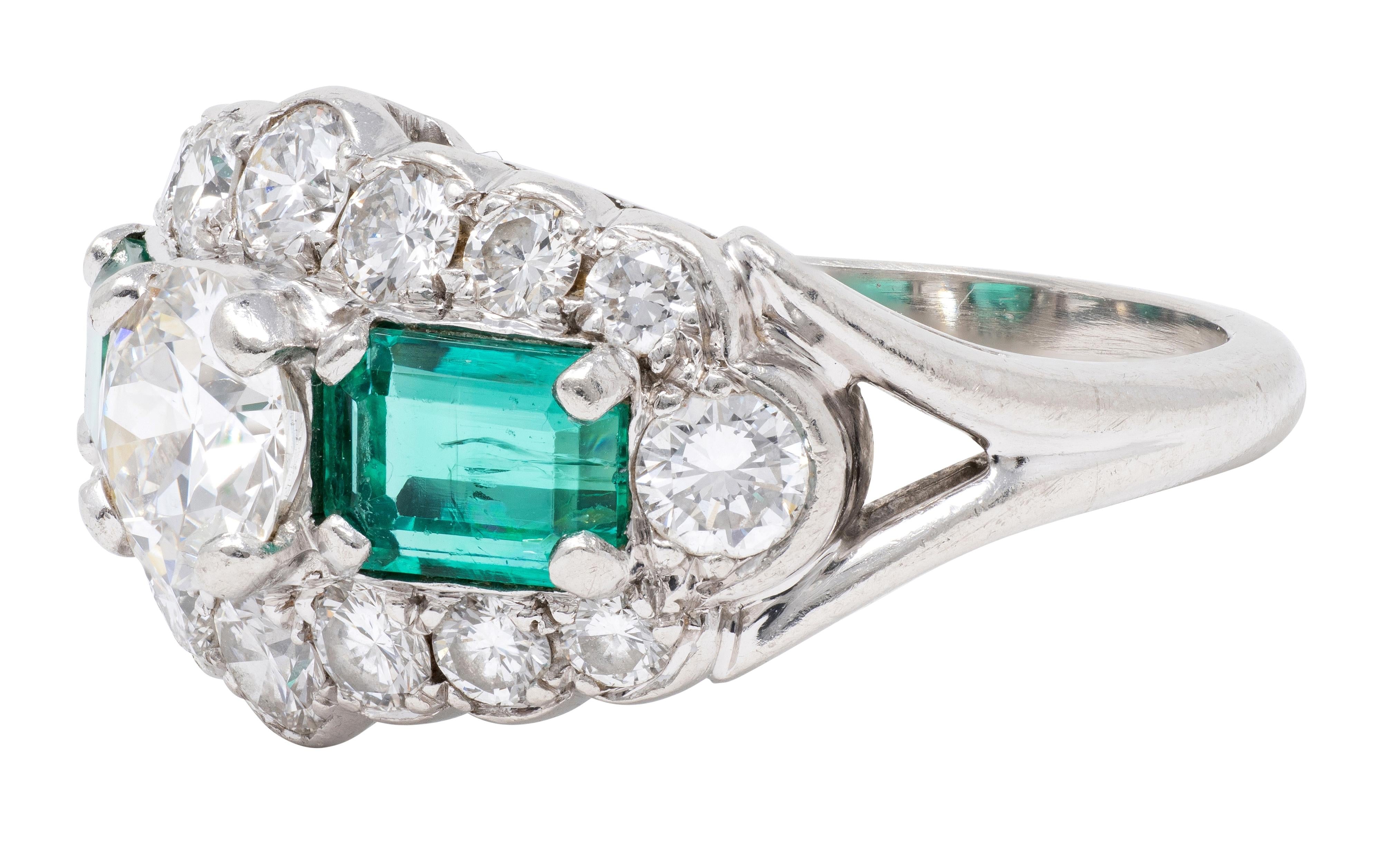 Mid-Century 4.13 CTW Diamond Emerald Platinum Vintage Cluster Ring